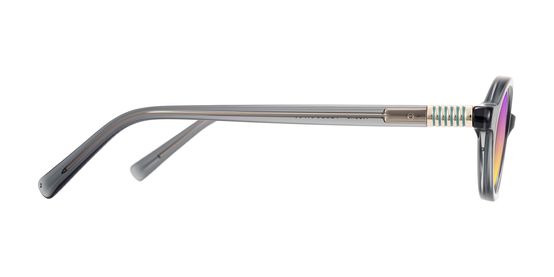 Side of Noelle in Transparent Gray with Purple / Yellow Gradient Lenses