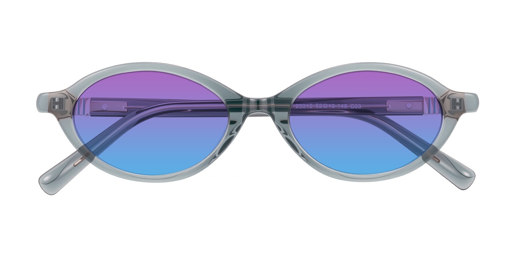 Folded Front of Noelle in Transparent Gray with Purple / Blue Gradient Lenses