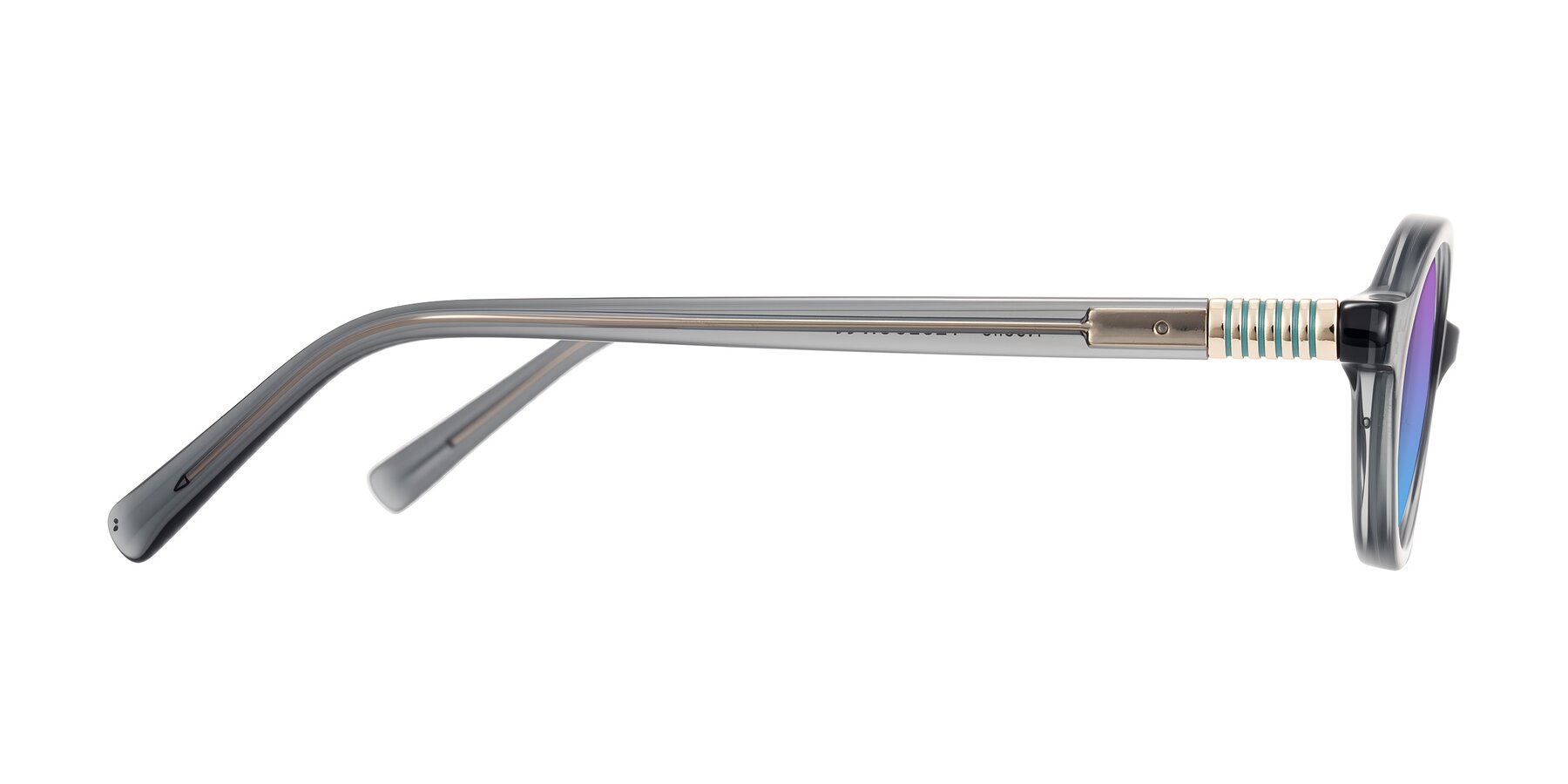 Side of Noelle in Transparent Gray with Purple / Blue Gradient Lenses