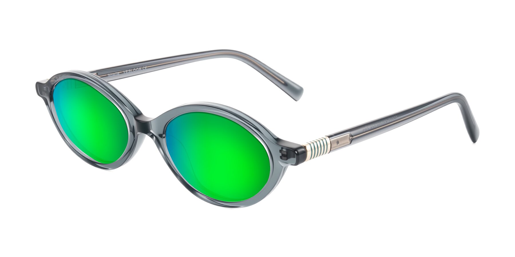 Angle of Noelle in Transparent Gray with Green Mirrored Lenses