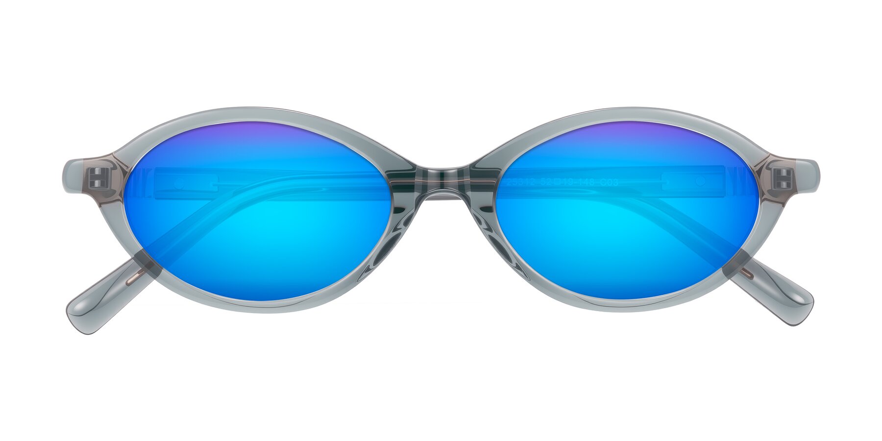 Folded Front of Noelle in Transparent Gray with Blue Mirrored Lenses