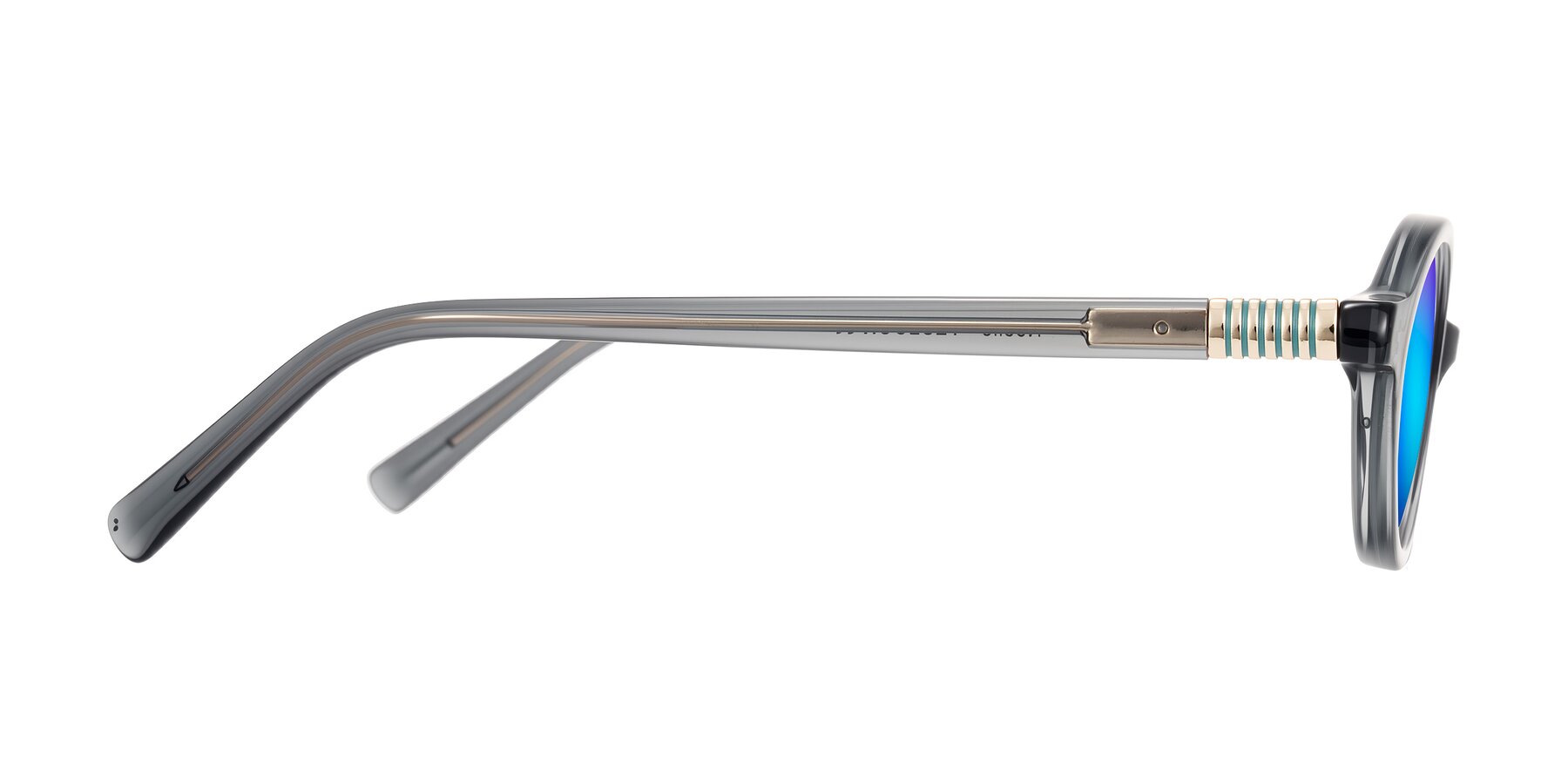 Side of Noelle in Transparent Gray with Blue Mirrored Lenses