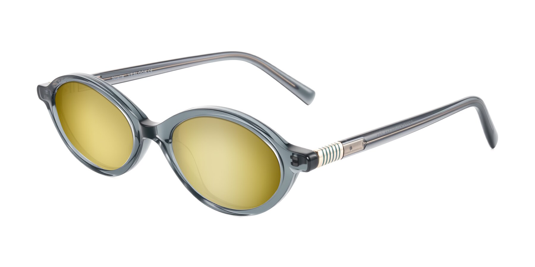 Angle of Noelle in Transparent Gray with Gold Mirrored Lenses