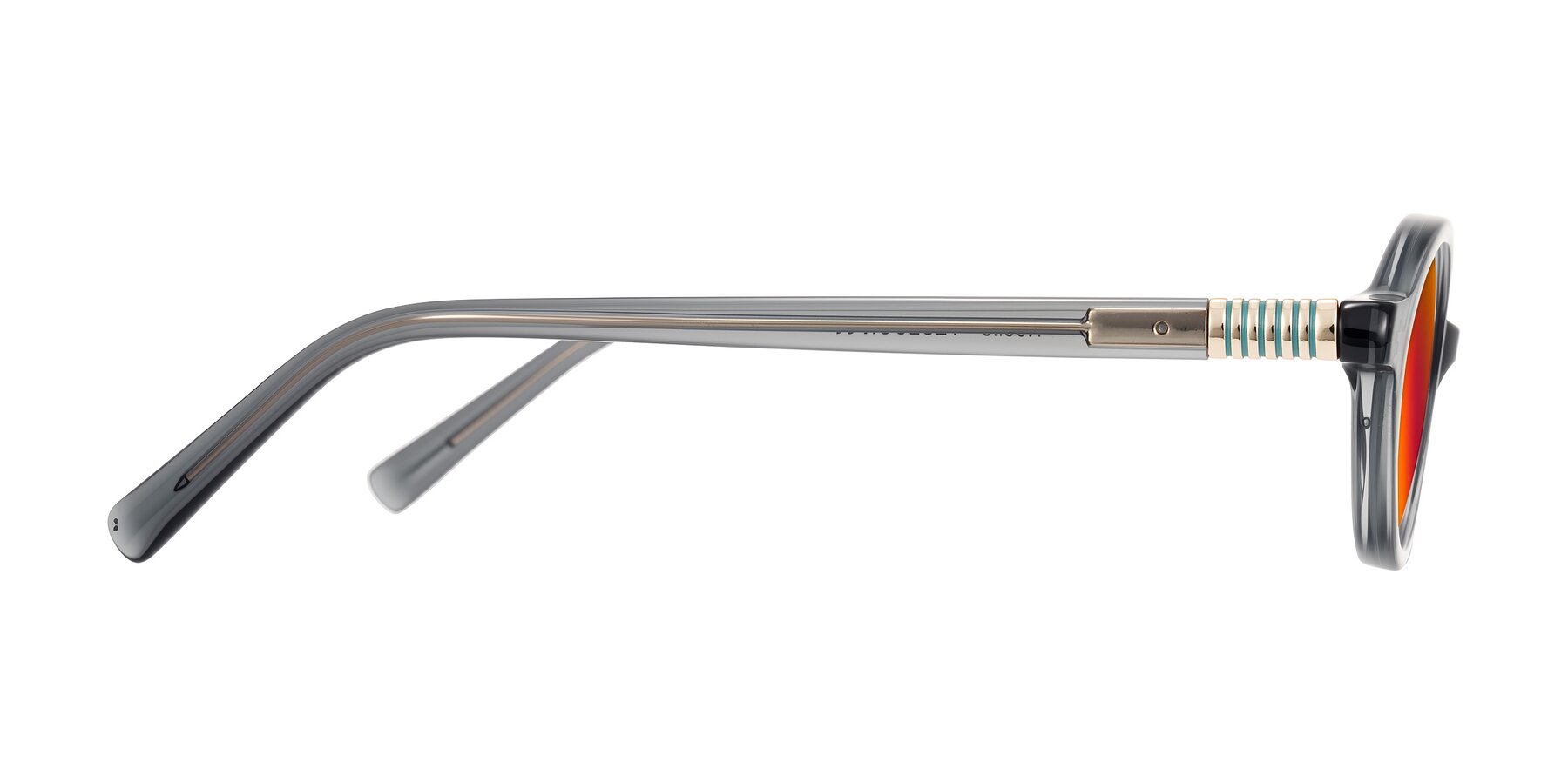 Side of Noelle in Transparent Gray with Red Gold Mirrored Lenses