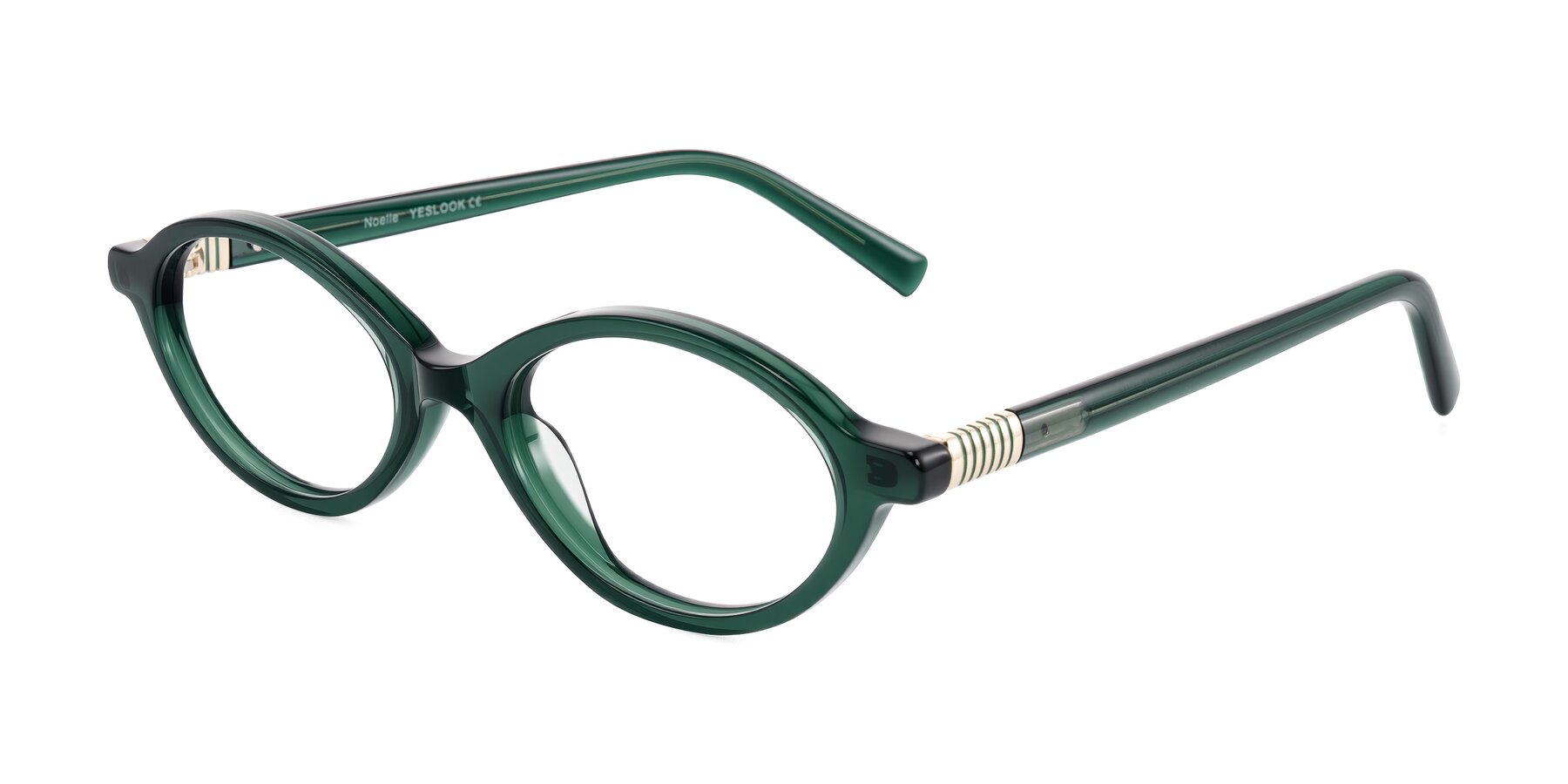 Angle of Noelle in Emerald Green with Clear Eyeglass Lenses