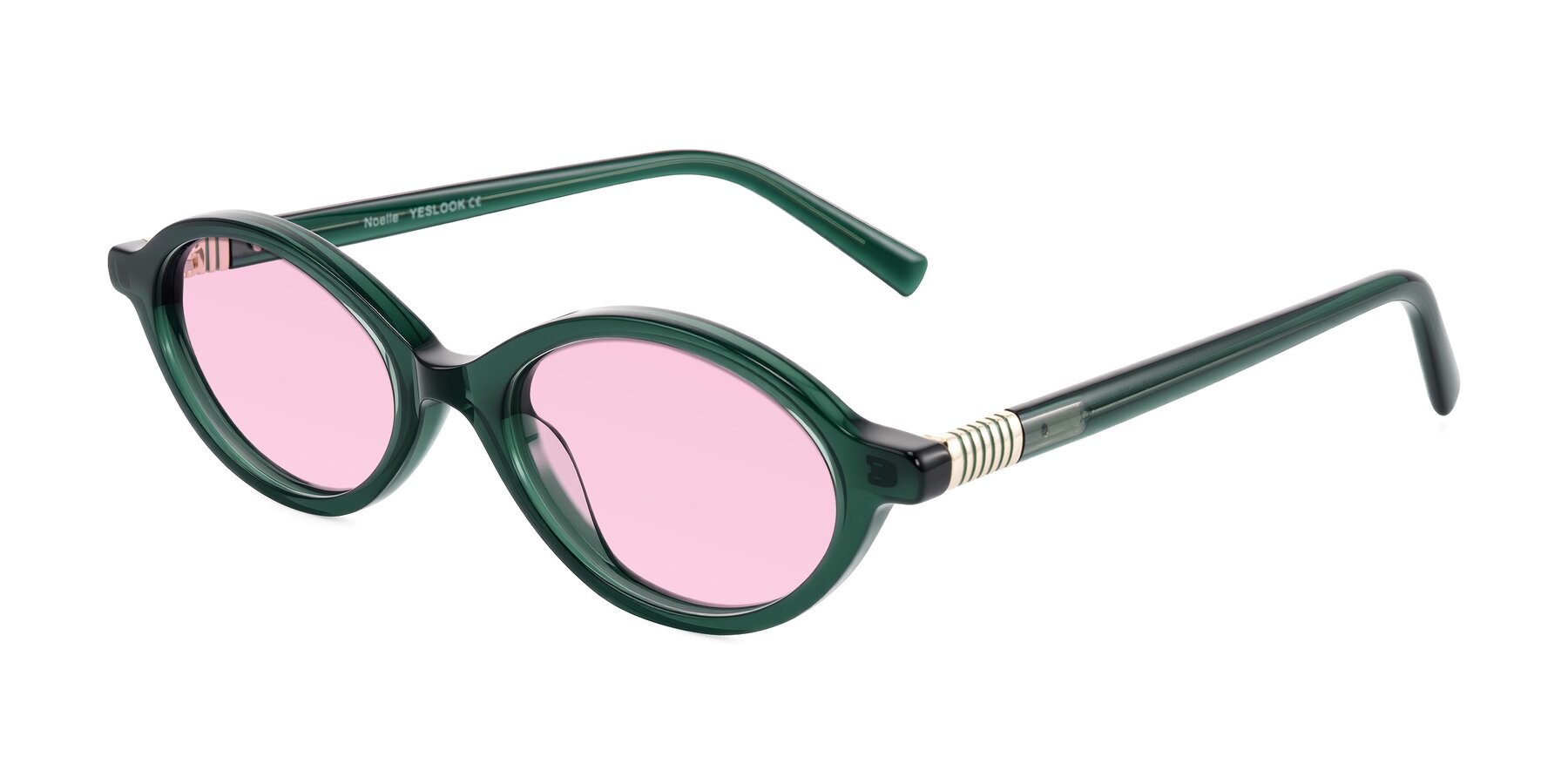 Angle of Noelle in Emerald Green with Light Pink Tinted Lenses