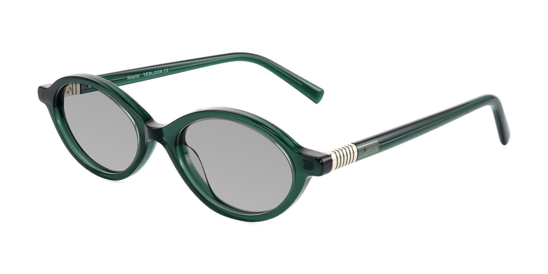 Angle of Noelle in Emerald Green with Light Gray Tinted Lenses