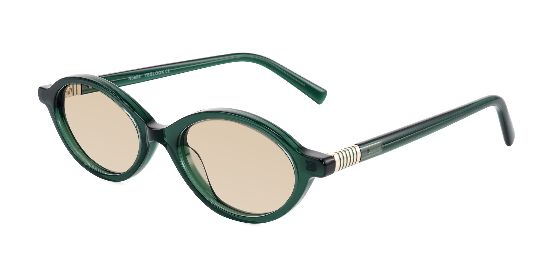 Angle of Noelle in Emerald Green with Light Brown Tinted Lenses