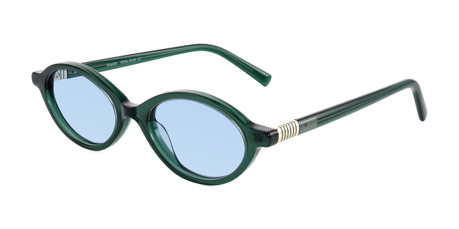 Angle of Noelle in Emerald Green with Light Blue Tinted Lenses