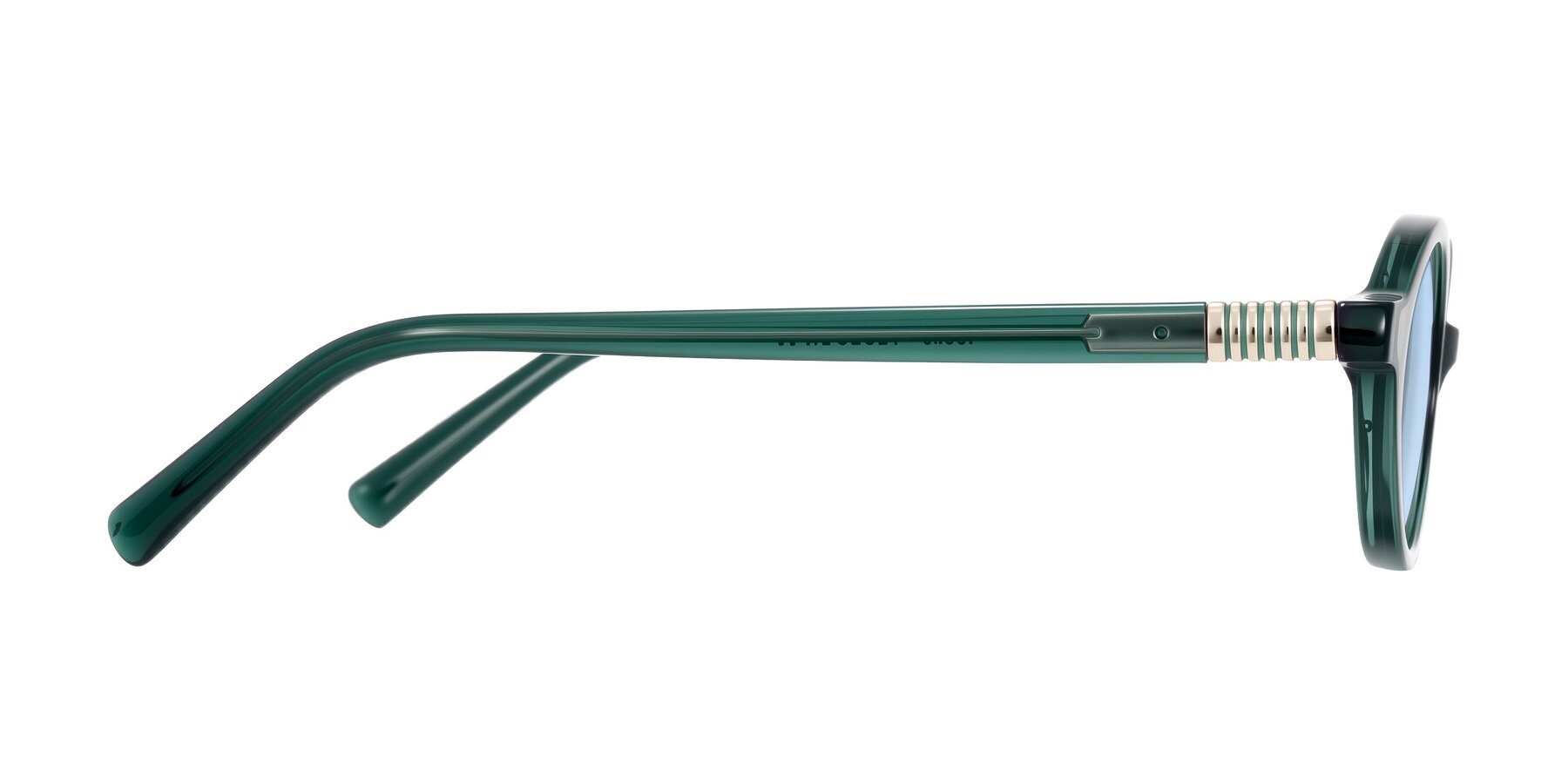 Side of Noelle in Emerald Green with Light Blue Tinted Lenses