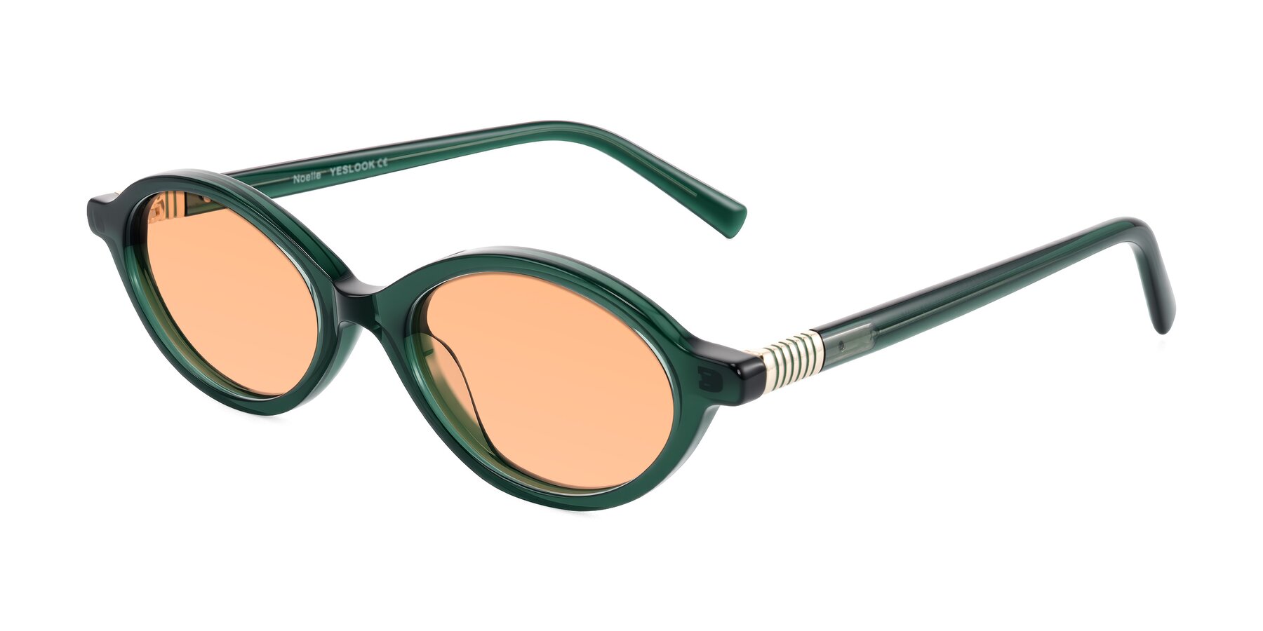 Angle of Noelle in Emerald Green with Light Orange Tinted Lenses
