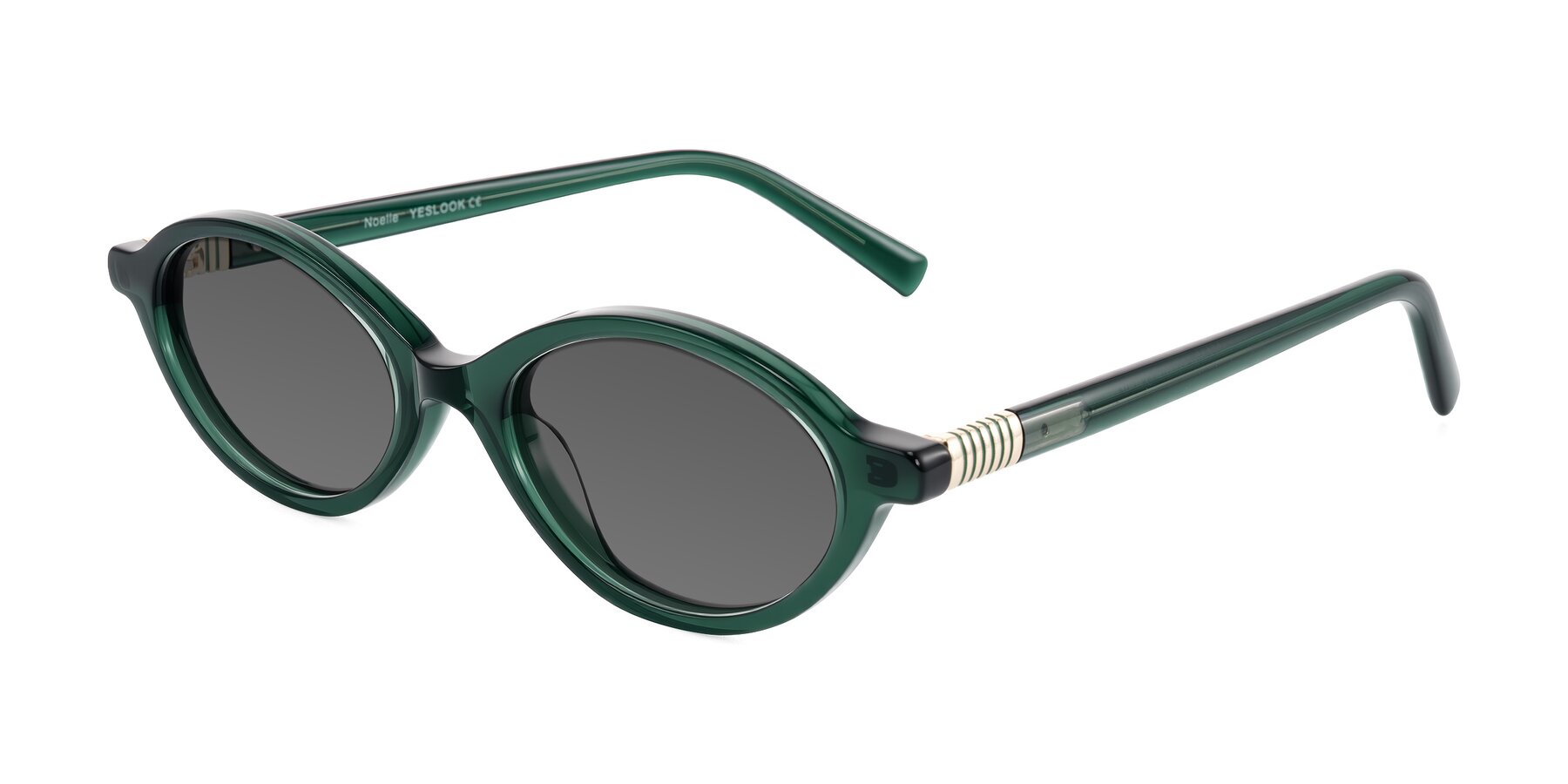 Angle of Noelle in Emerald Green with Medium Gray Tinted Lenses