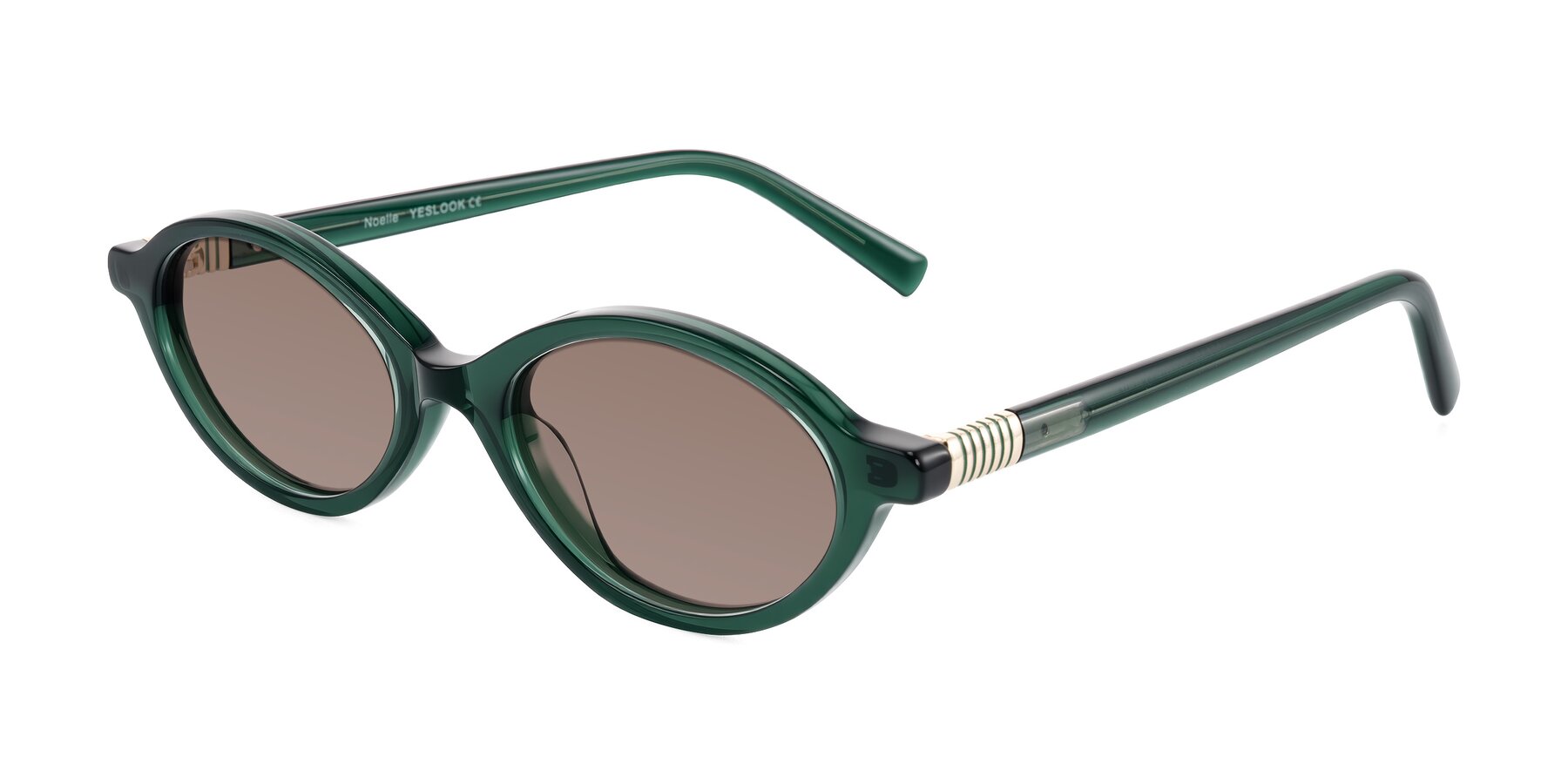 Angle of Noelle in Emerald Green with Medium Brown Tinted Lenses