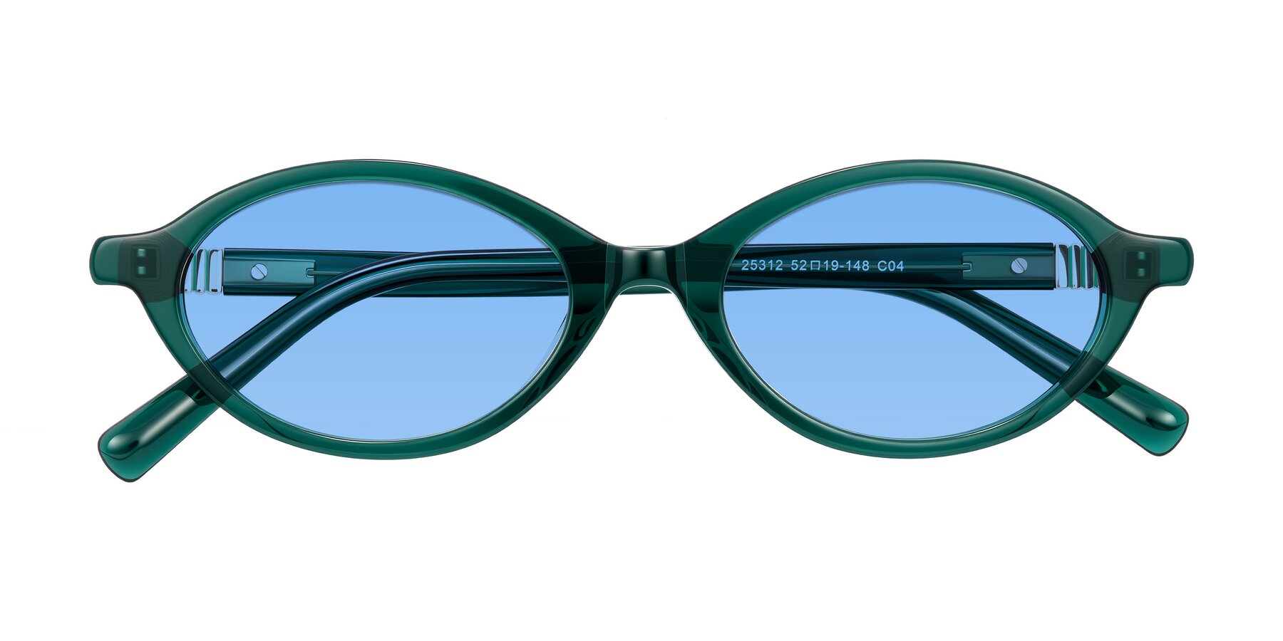Folded Front of Noelle in Emerald Green with Medium Blue Tinted Lenses