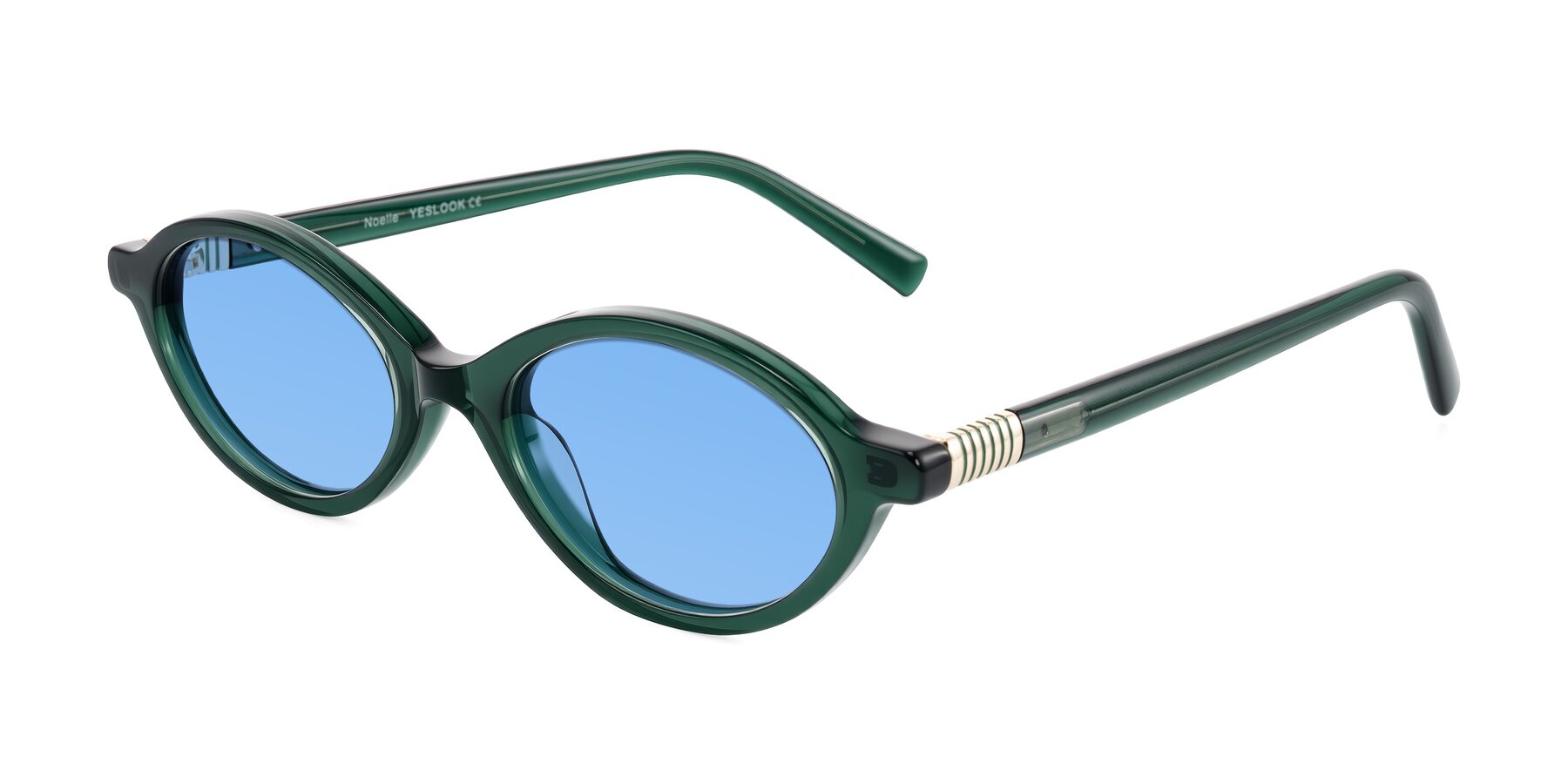 Angle of Noelle in Emerald Green with Medium Blue Tinted Lenses