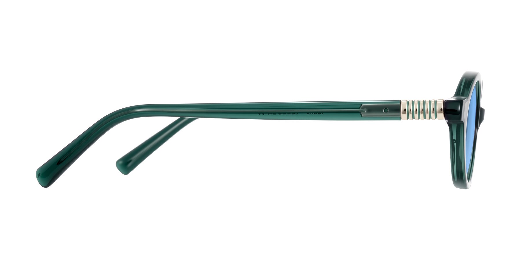 Side of Noelle in Emerald Green with Medium Blue Tinted Lenses