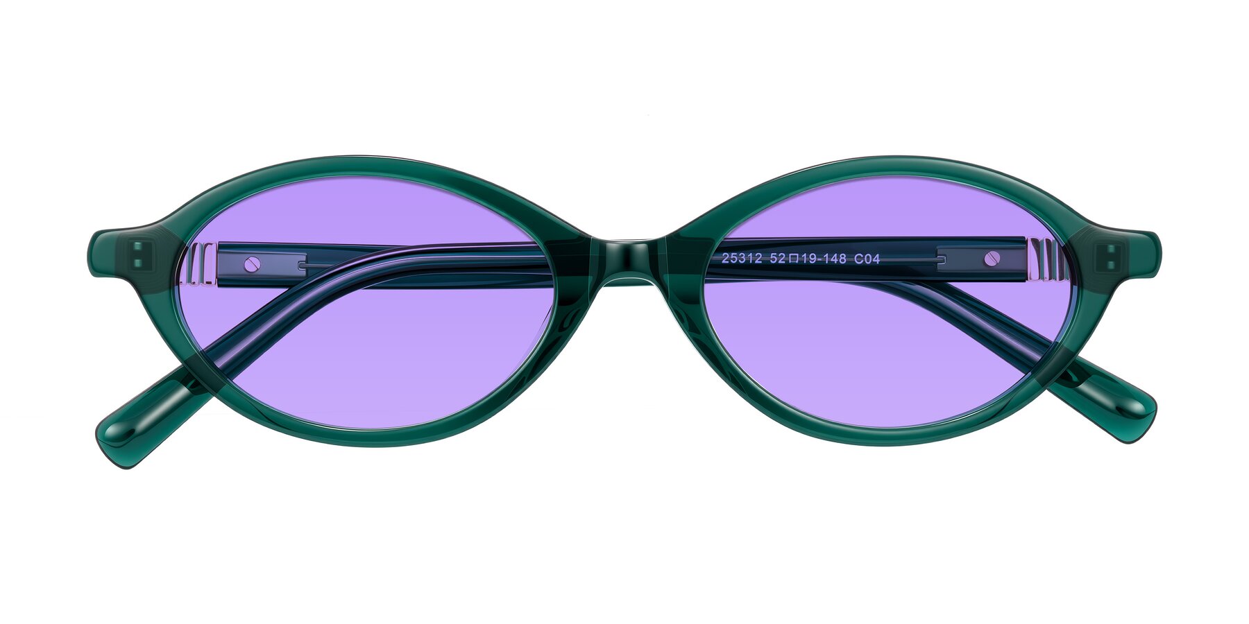 Folded Front of Noelle in Emerald Green with Medium Purple Tinted Lenses