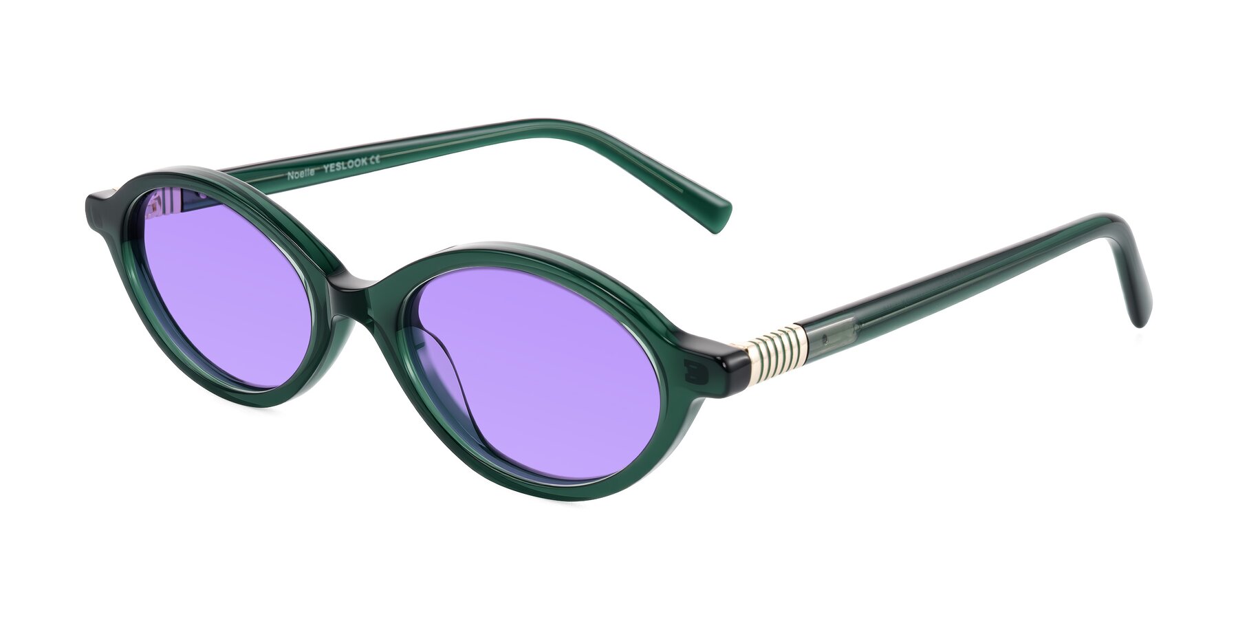 Angle of Noelle in Emerald Green with Medium Purple Tinted Lenses