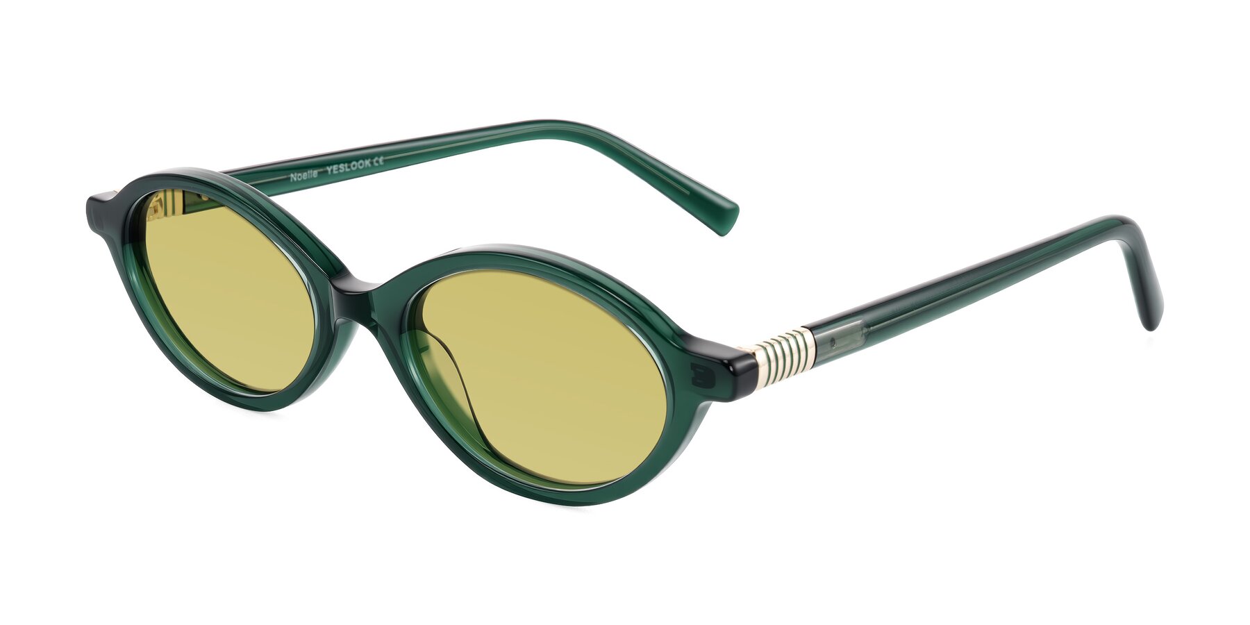 Angle of Noelle in Emerald Green with Medium Champagne Tinted Lenses
