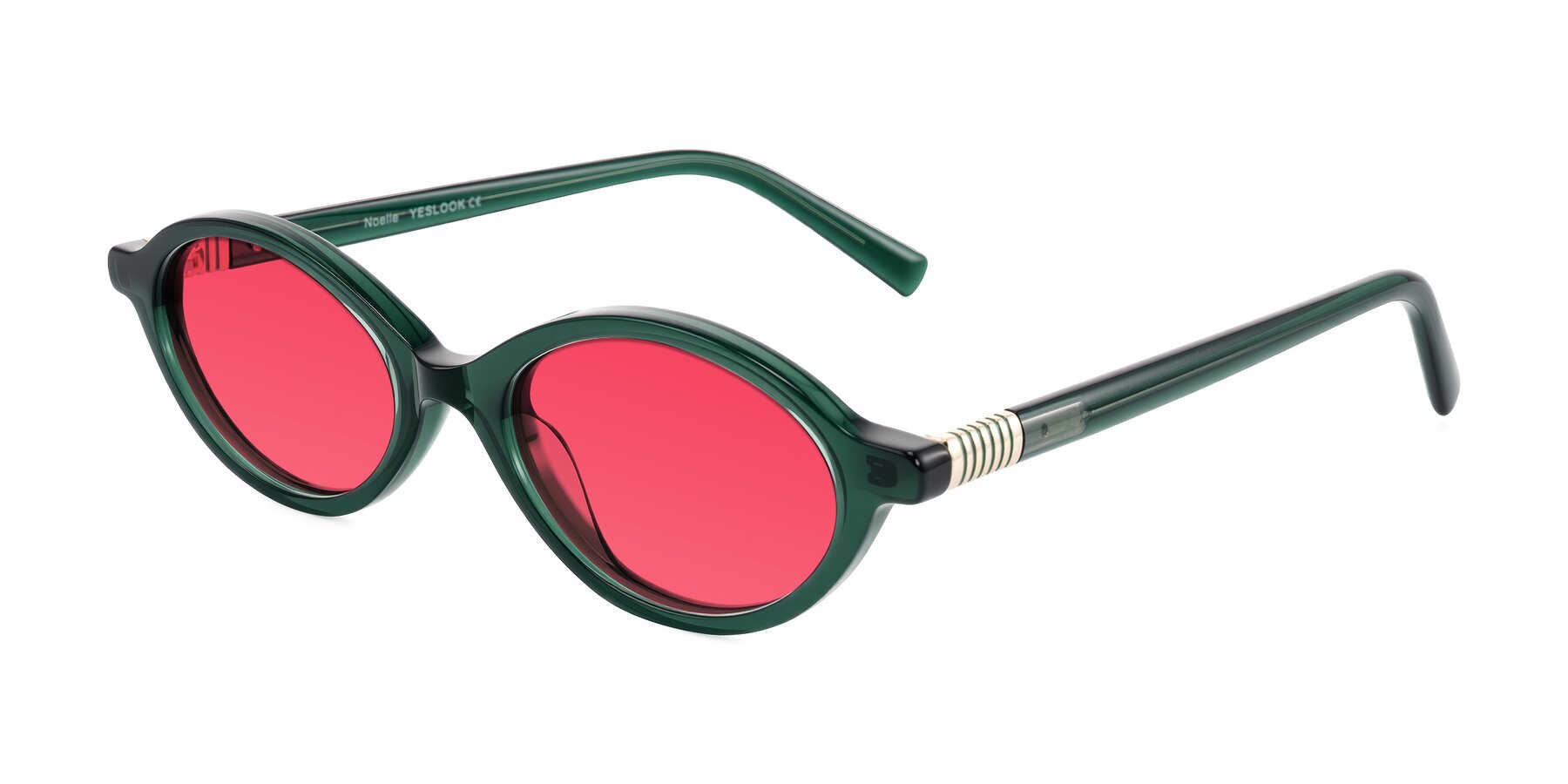 Angle of Noelle in Emerald Green with Red Tinted Lenses