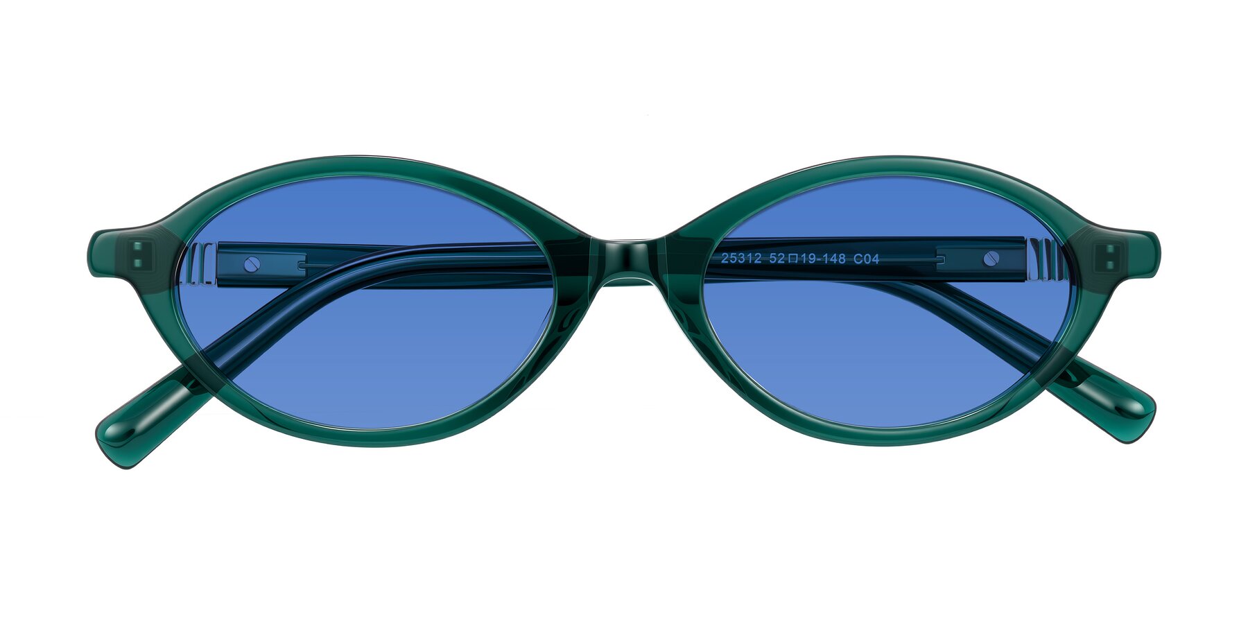 Folded Front of Noelle in Emerald Green with Blue Tinted Lenses
