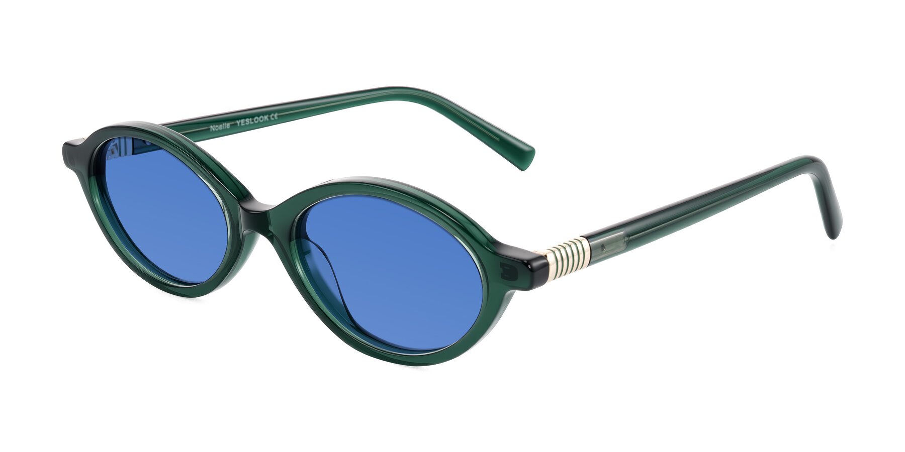 Angle of Noelle in Emerald Green with Blue Tinted Lenses