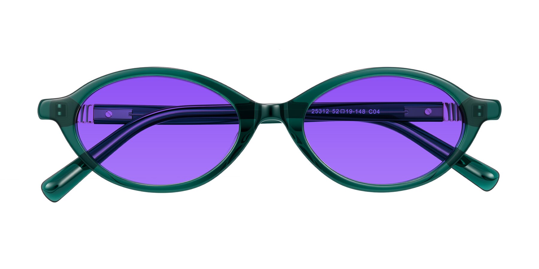 Folded Front of Noelle in Emerald Green with Purple Tinted Lenses