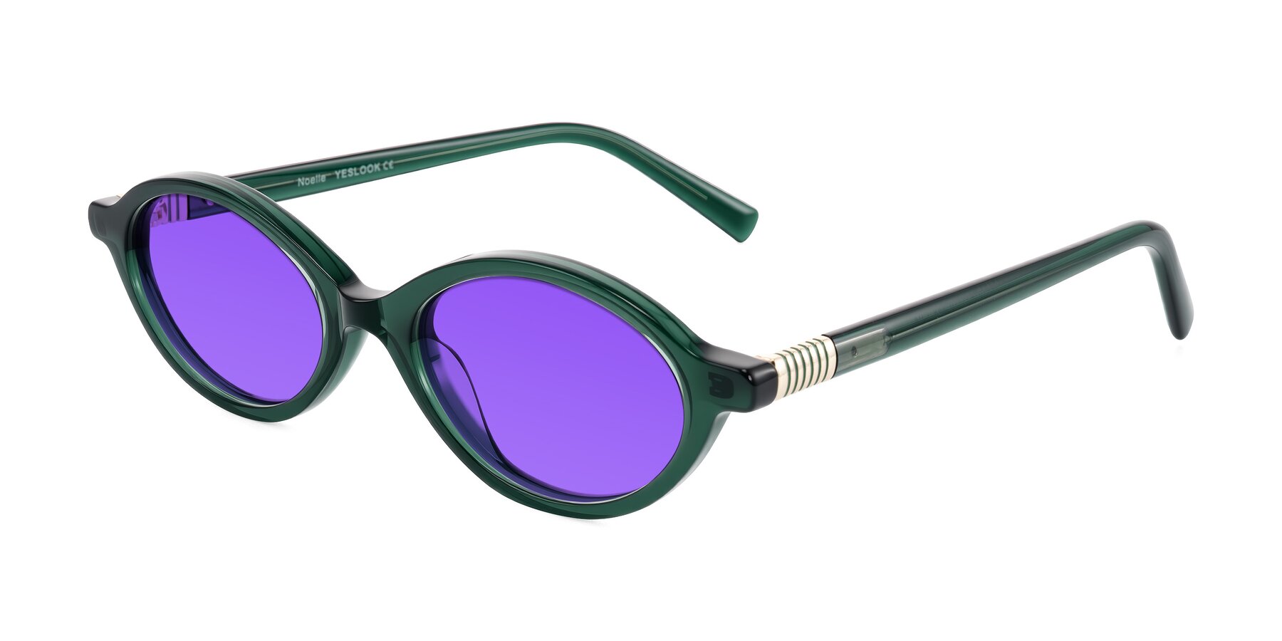 Angle of Noelle in Emerald Green with Purple Tinted Lenses