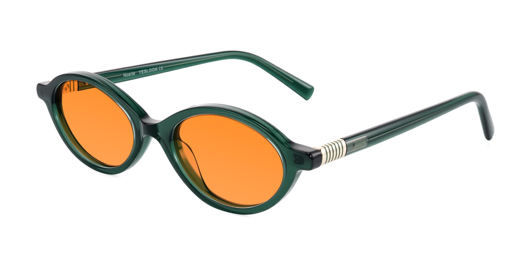 Angle of Noelle in Emerald Green with Orange Tinted Lenses