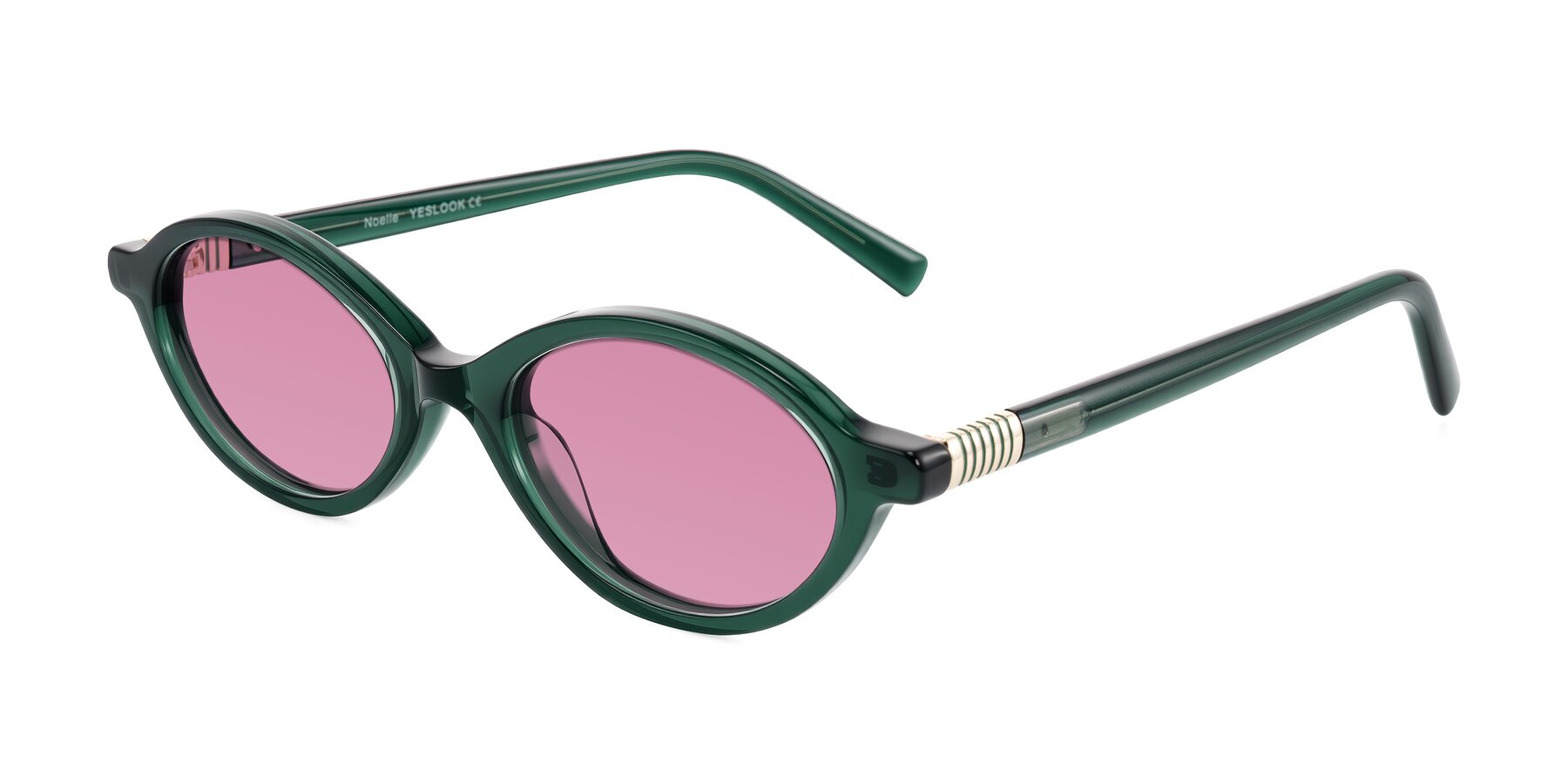 Angle of Noelle in Emerald Green with Medium Wine Tinted Lenses