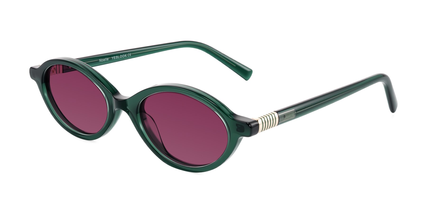 Angle of Noelle in Emerald Green with Wine Tinted Lenses