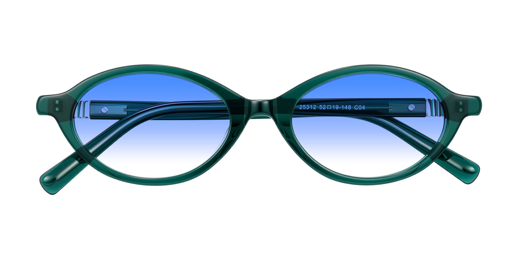 Folded Front of Noelle in Emerald Green with Blue Gradient Lenses