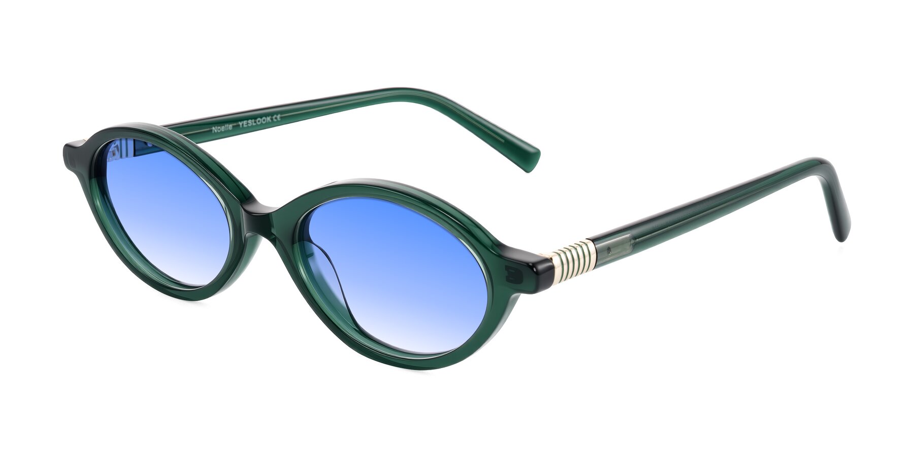 Angle of Noelle in Emerald Green with Blue Gradient Lenses