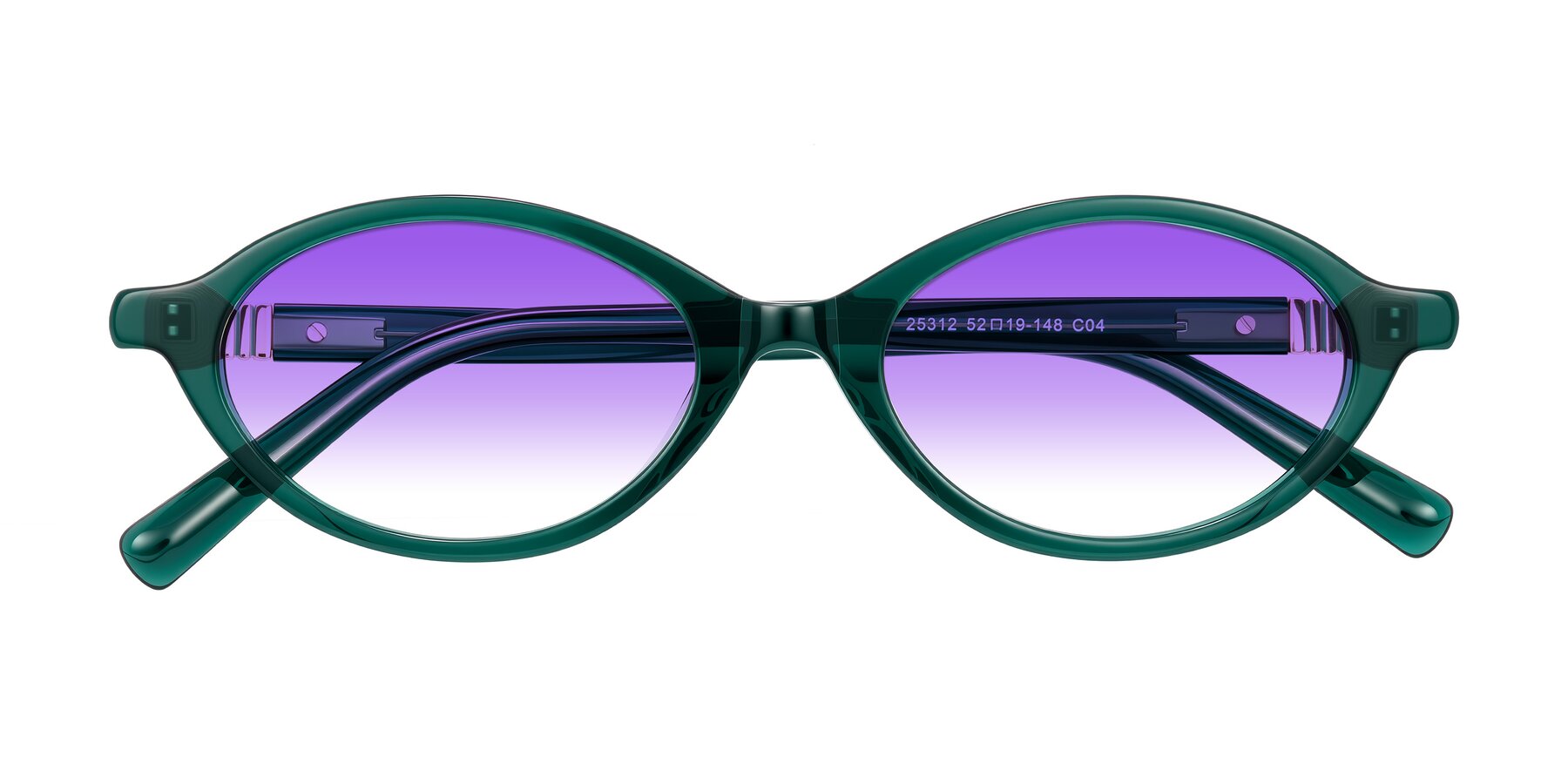Folded Front of Noelle in Emerald Green with Purple Gradient Lenses