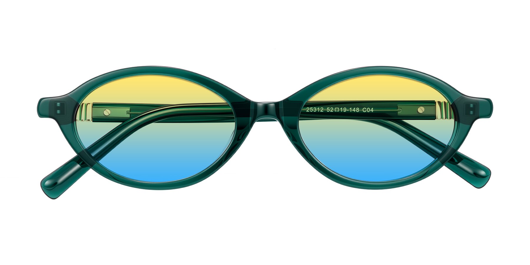 Folded Front of Noelle in Emerald Green with Yellow / Blue Gradient Lenses