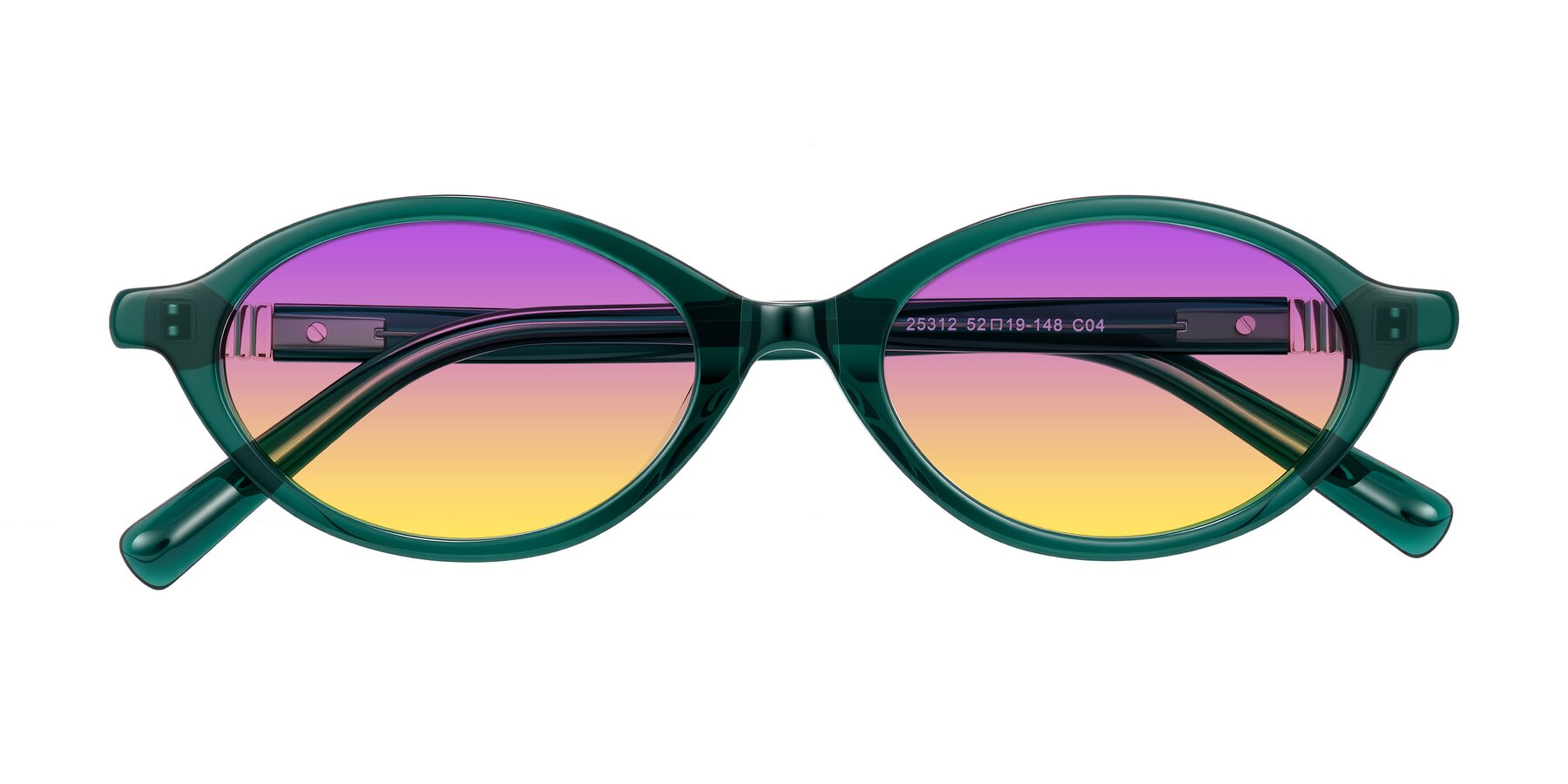 Folded Front of Noelle in Emerald Green with Purple / Yellow Gradient Lenses