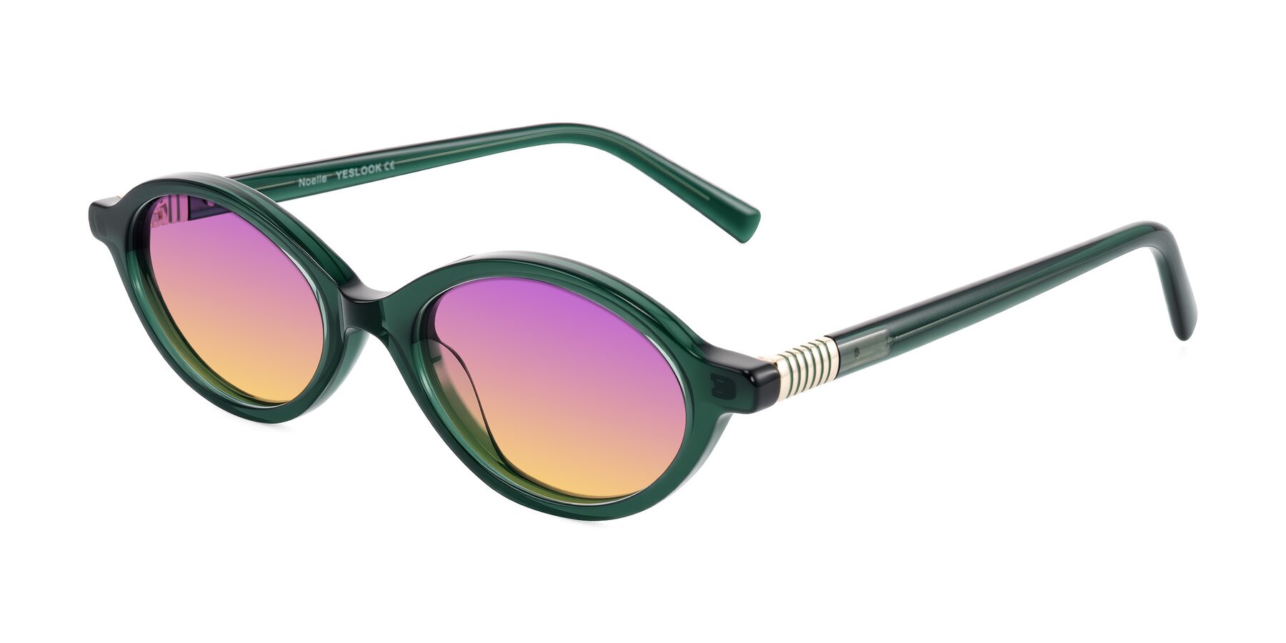 Angle of Noelle in Emerald Green with Purple / Yellow Gradient Lenses