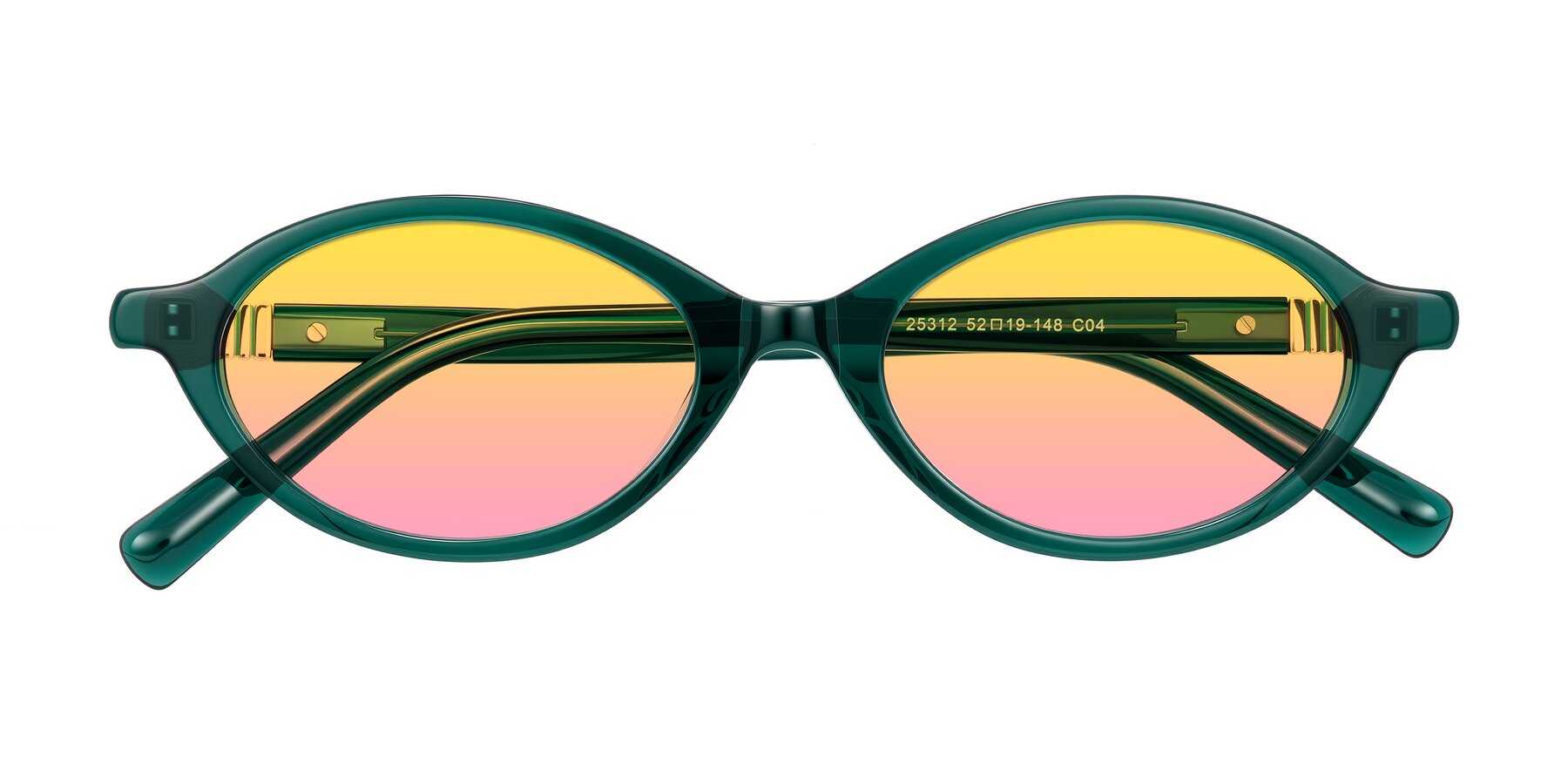Folded Front of Noelle in Emerald Green with Yellow / Pink Gradient Lenses