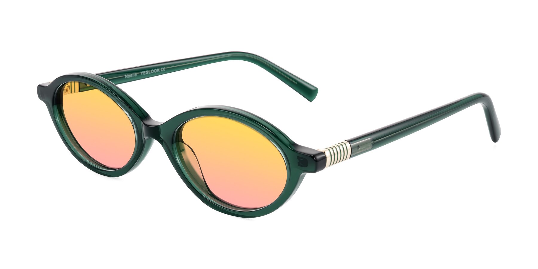 Angle of Noelle in Emerald Green with Yellow / Pink Gradient Lenses