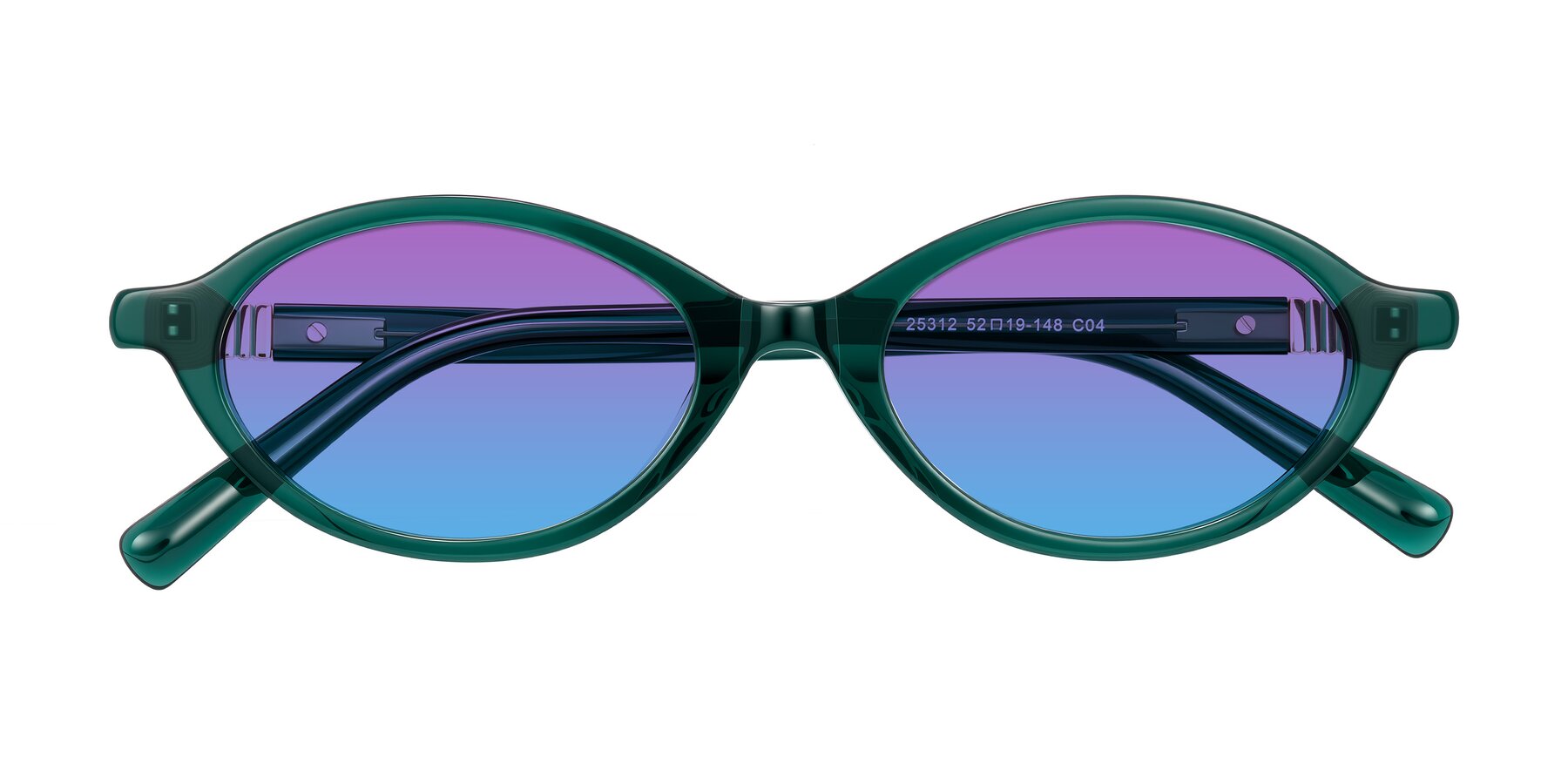 Folded Front of Noelle in Emerald Green with Purple / Blue Gradient Lenses