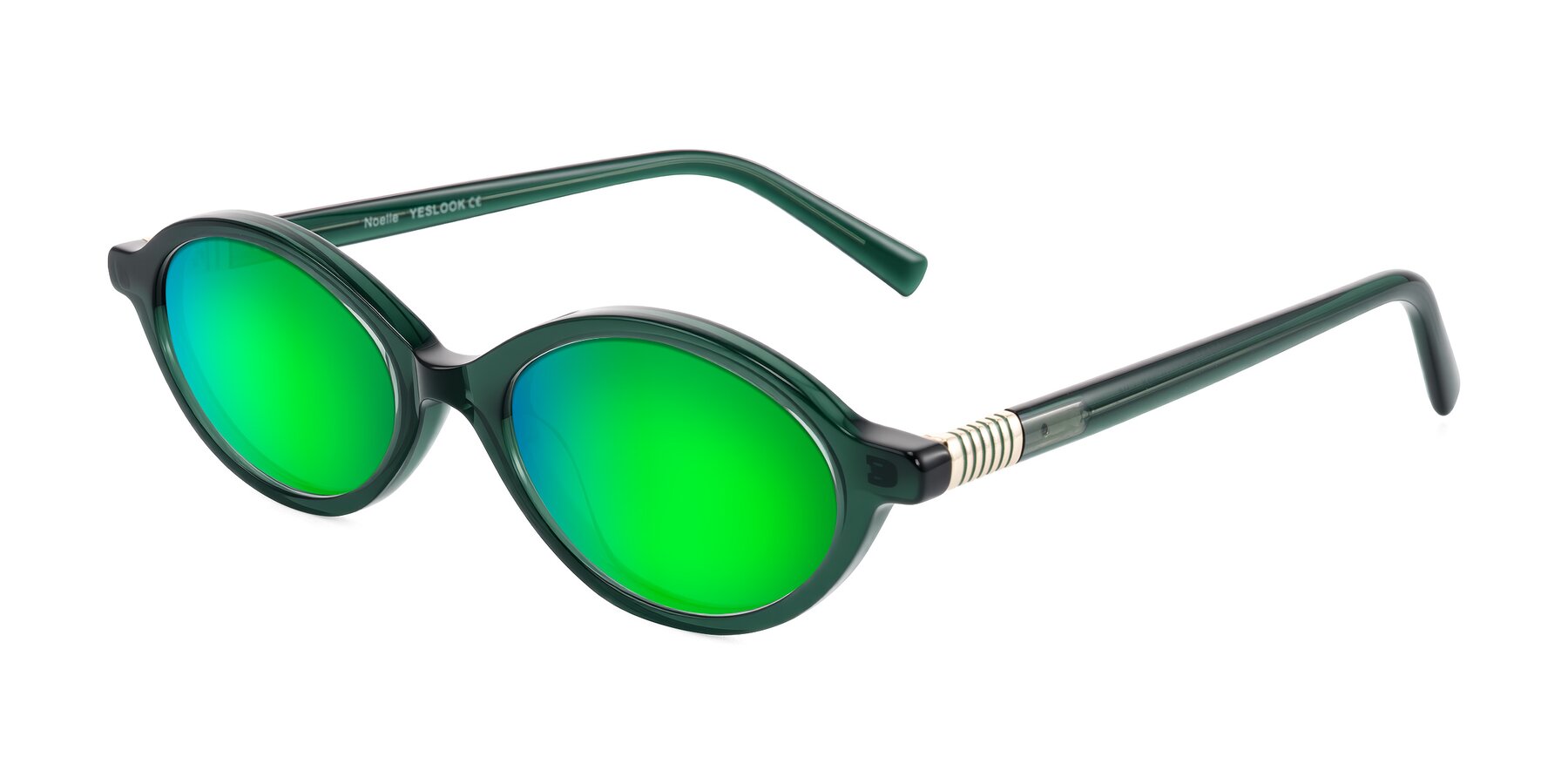Angle of Noelle in Emerald Green with Green Mirrored Lenses