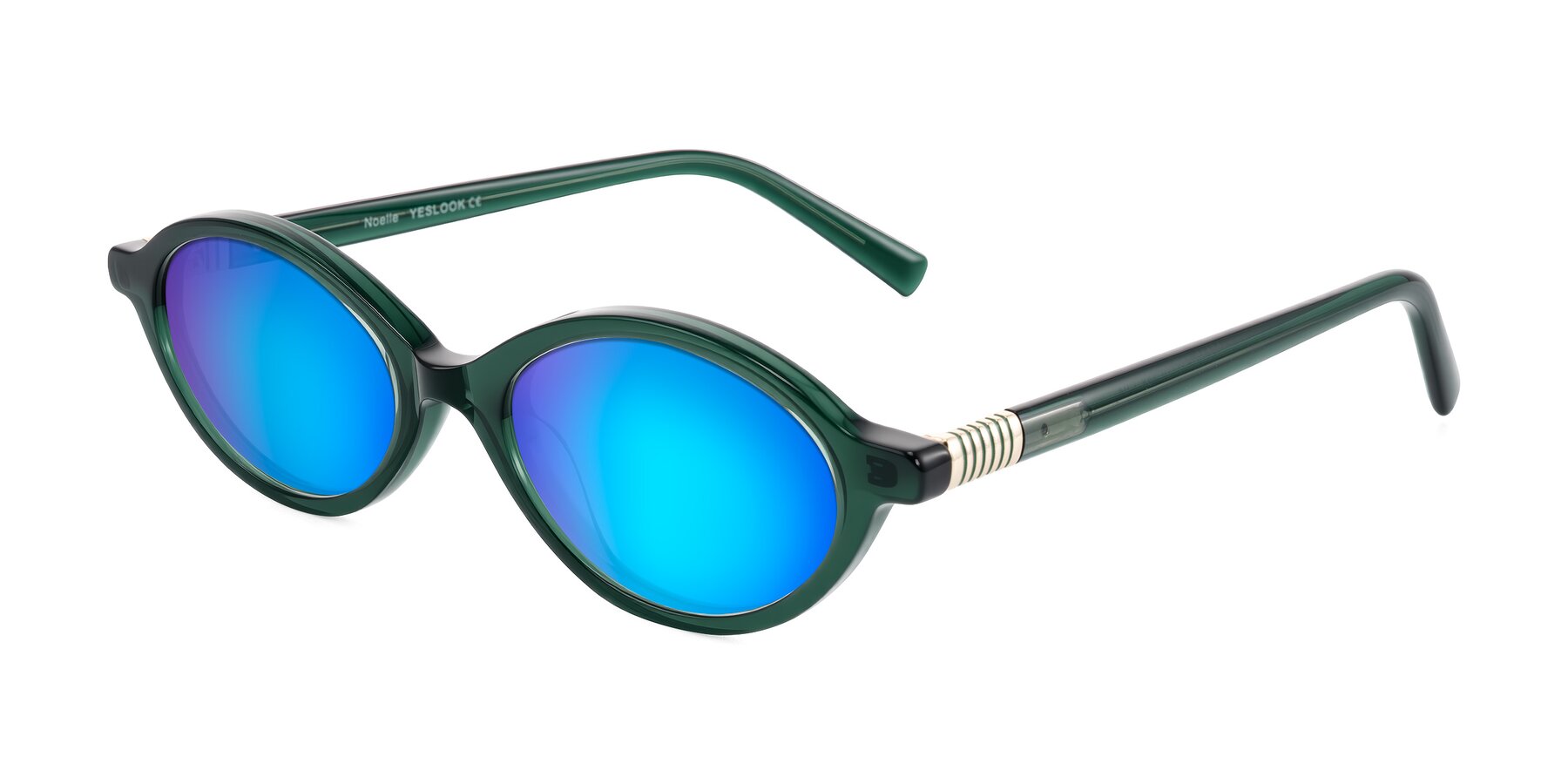 Angle of Noelle in Emerald Green with Blue Mirrored Lenses