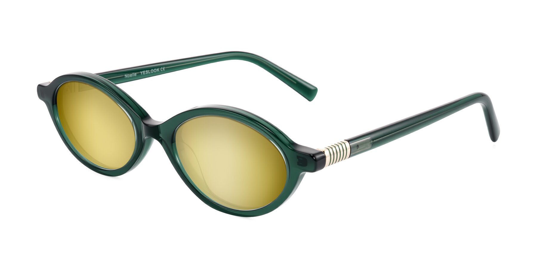 Angle of Noelle in Emerald Green with Gold Mirrored Lenses