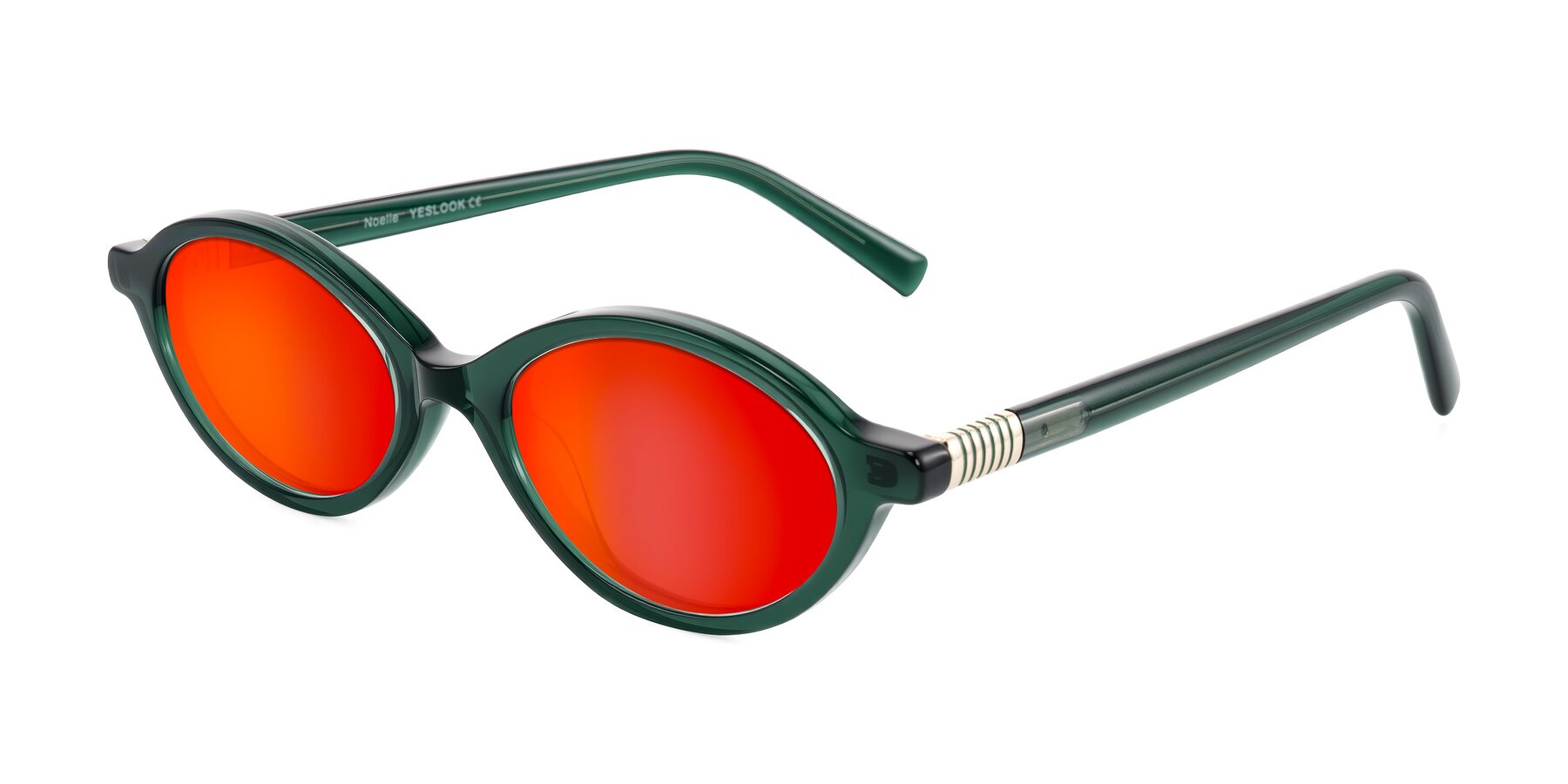 Angle of Noelle in Emerald Green with Red Gold Mirrored Lenses