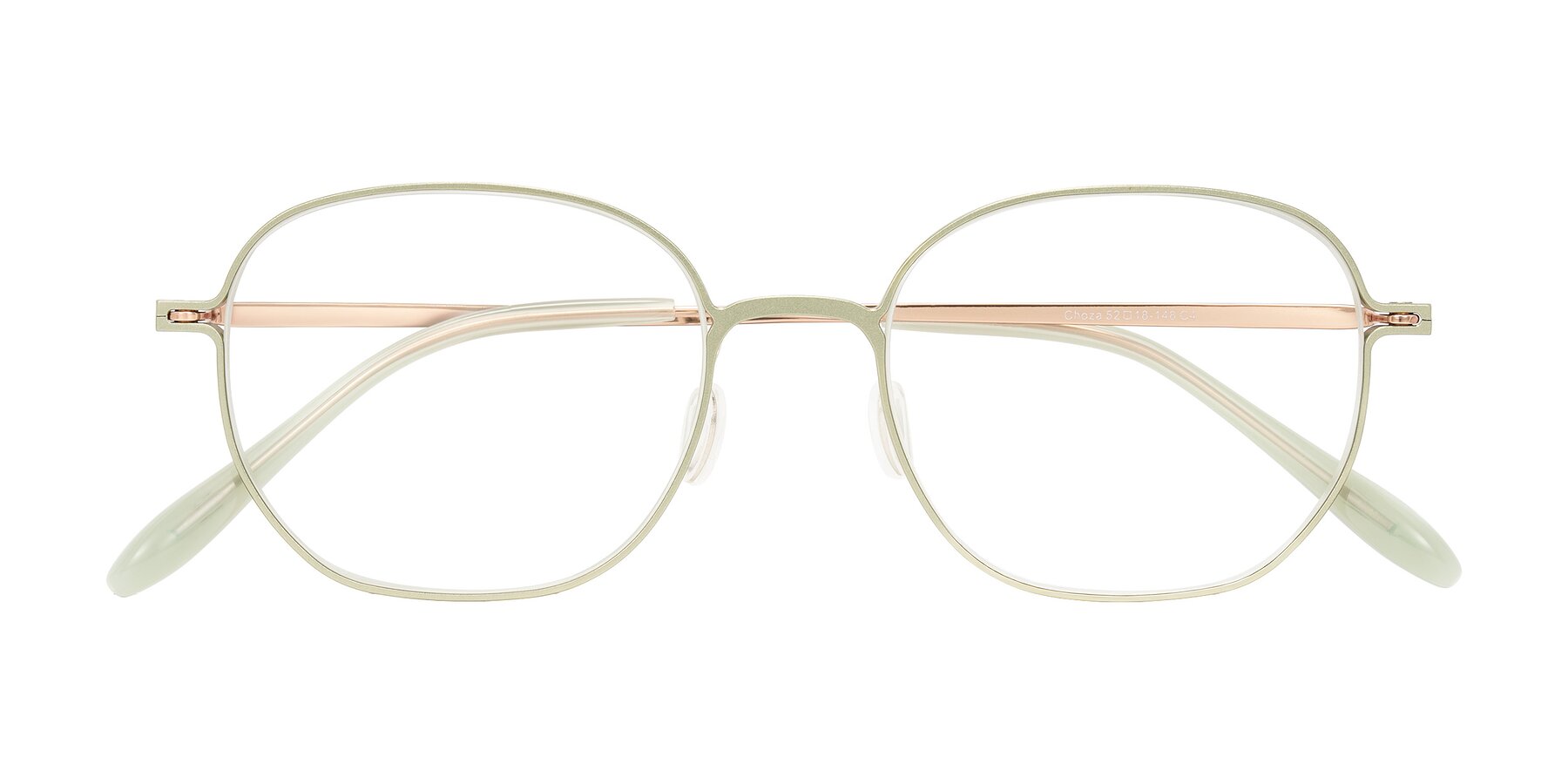 Folded Front of Choza in Pastel Green/Rose Gold with Clear Eyeglass Lenses