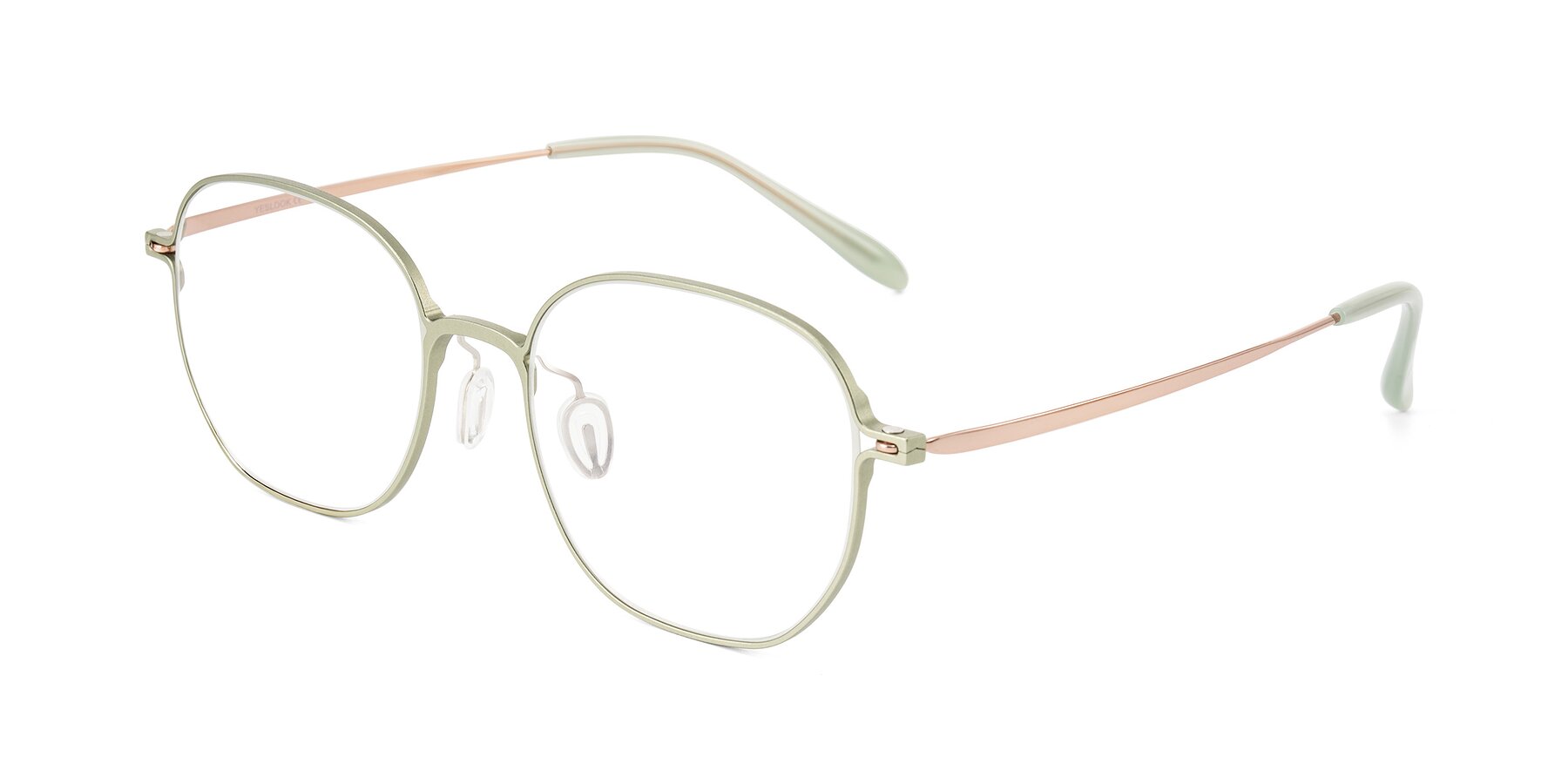 Angle of Choza in Pastel Green/Rose Gold with Clear Eyeglass Lenses