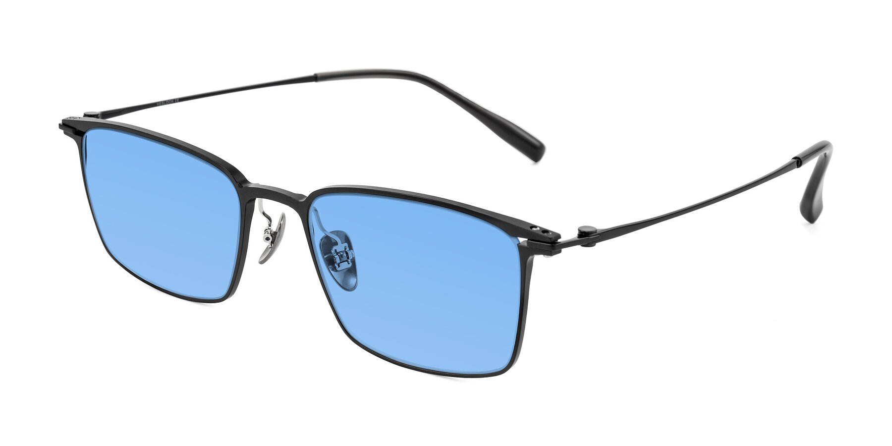 Angle of Ayla in Black with Medium Blue Tinted Lenses