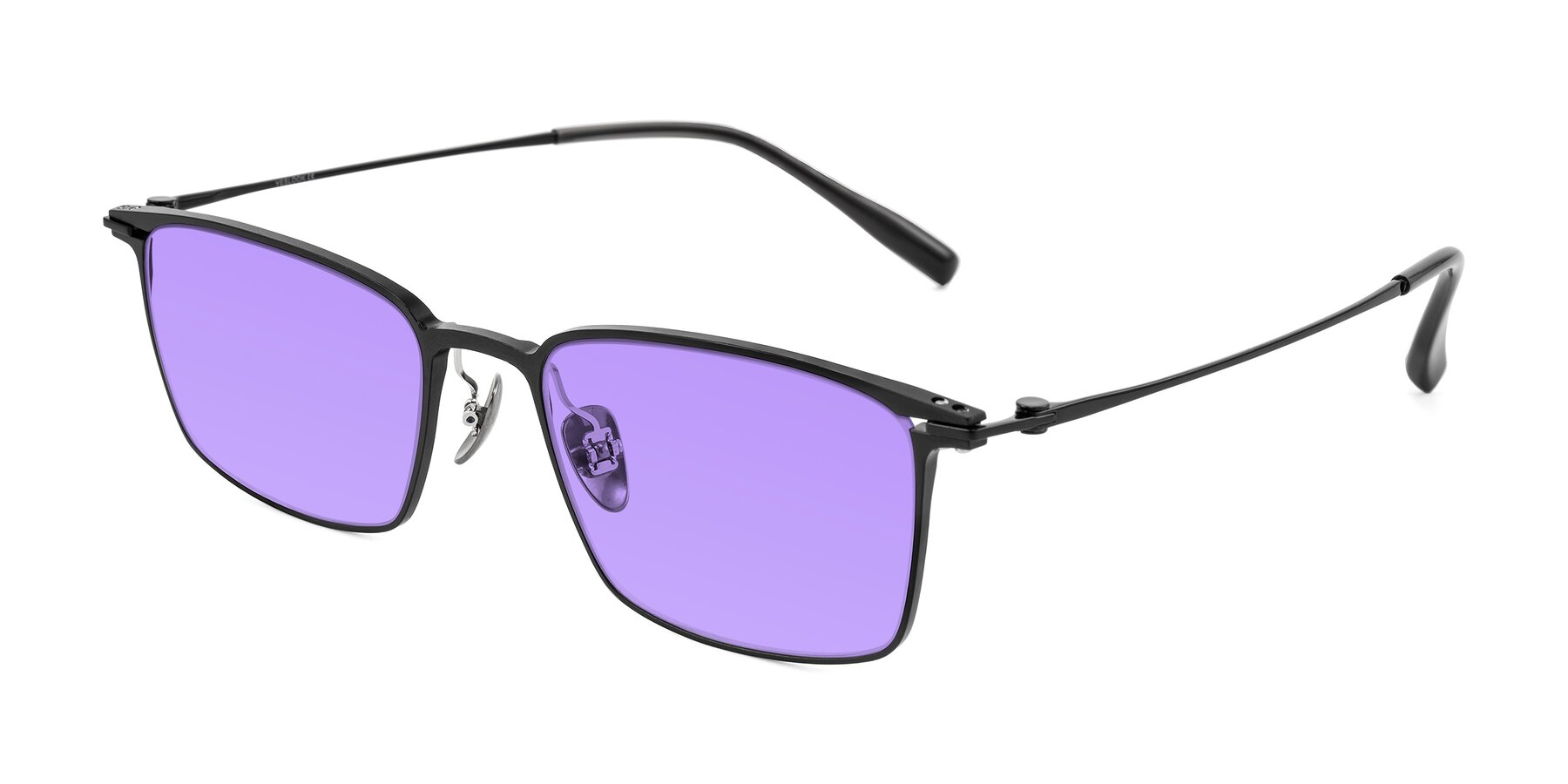 Angle of Ayla in Black with Medium Purple Tinted Lenses