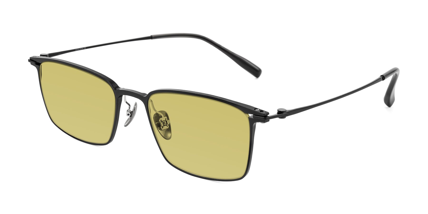 Angle of Ayla in Black with Medium Champagne Tinted Lenses