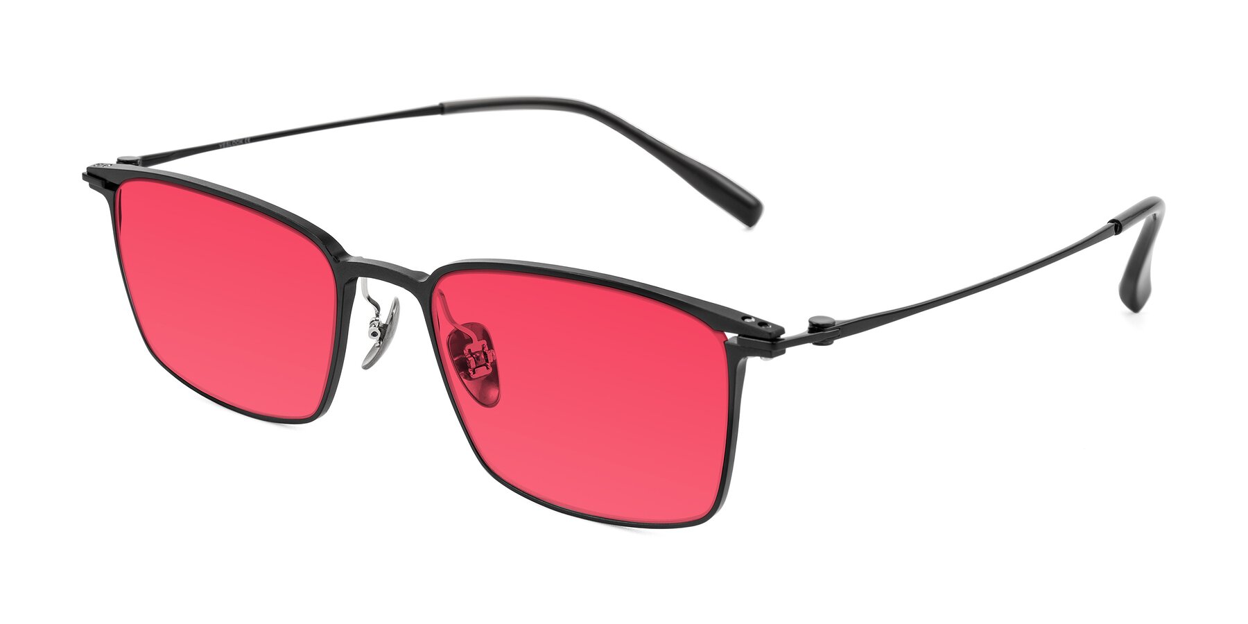 Angle of Ayla in Black with Red Tinted Lenses